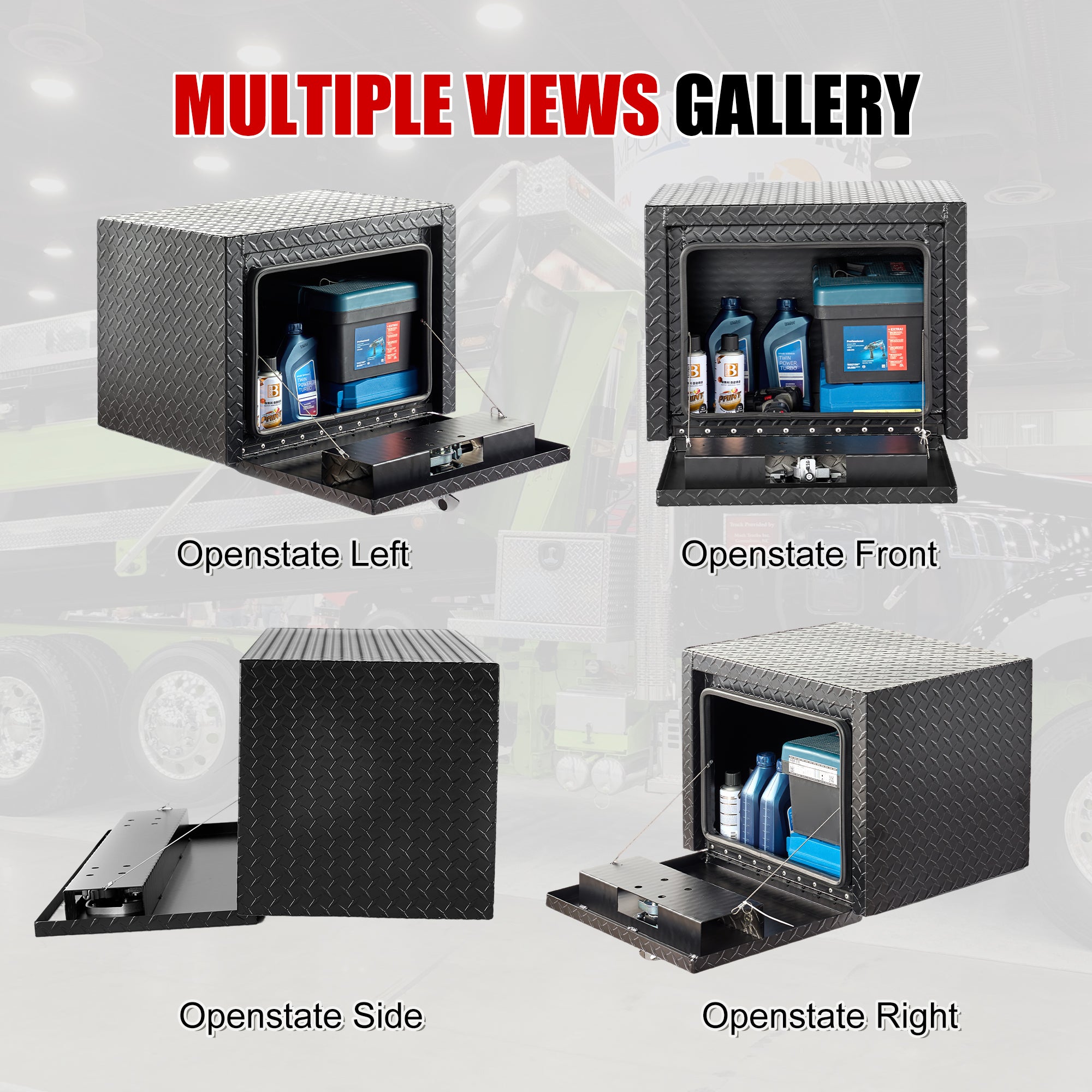 24" Aluminum Underbody Truck Tool Box — Matte Black Diamond Plate, Waterproof & Lockable, Ideal for Pickup, ATV, RV