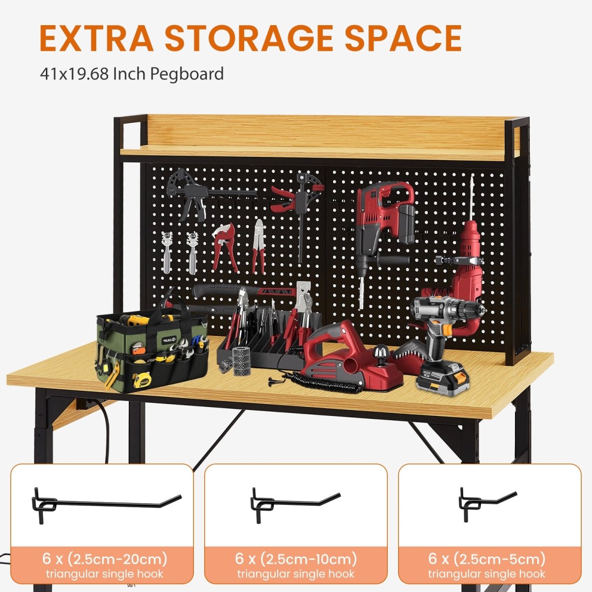 48''Adjustable Workbench with pegboard, Heavy Duty Wooden Desktop Workbench with Wheels, 1600 lb. Load Capacity, Rolling Workbench with AC/USB Outlet, Hooks, Shelf, for Garage, Workshop, Office, Home. - HomeDIYer