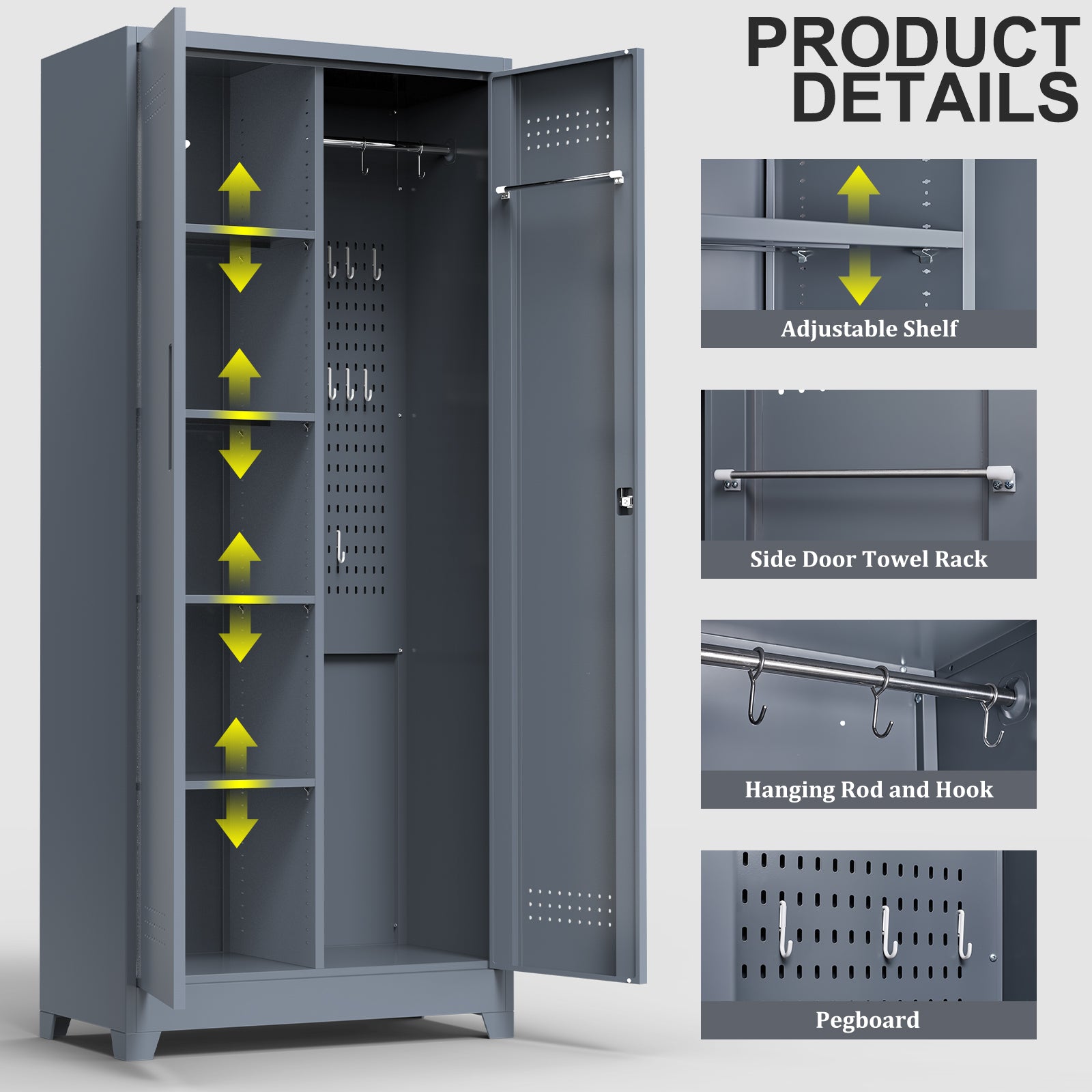 Gray And White Color Metal Lockers, Cleaning Tool Cabinets With Locking Doors, High Broom Tool Storage Cabinets, Adjustable Shelves, Large Cabinets For Kitchens, Offices, Shops.(72.8 Inches)