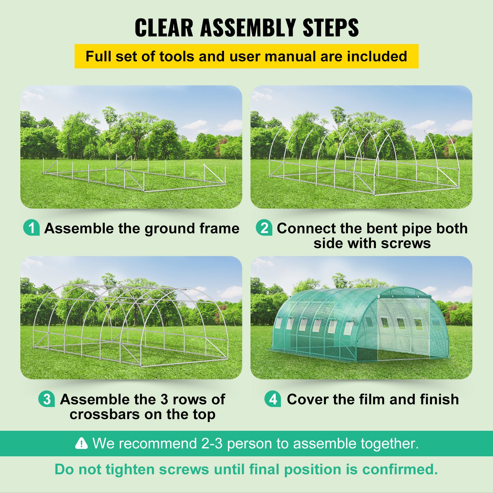 20ft x 10ft x 7ft Walk‑In Tunnel Greenhouse — Galvanized Steel Frame Roll‑Up Windows & Zippered Doors Green