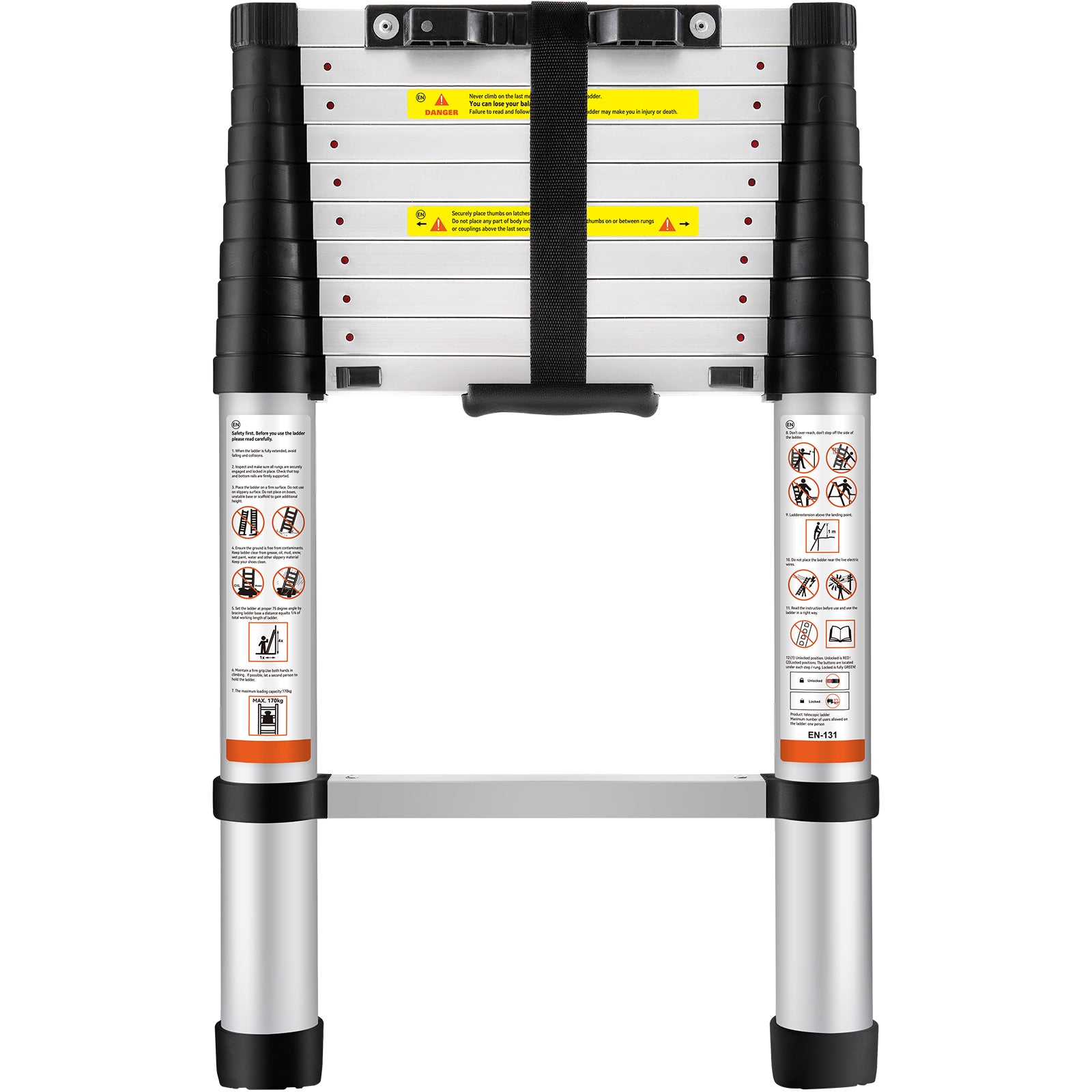 10.5FT Telescoping Aluminum Extension Ladder — 375 lb Capacity, One‑Button Retraction, Silver