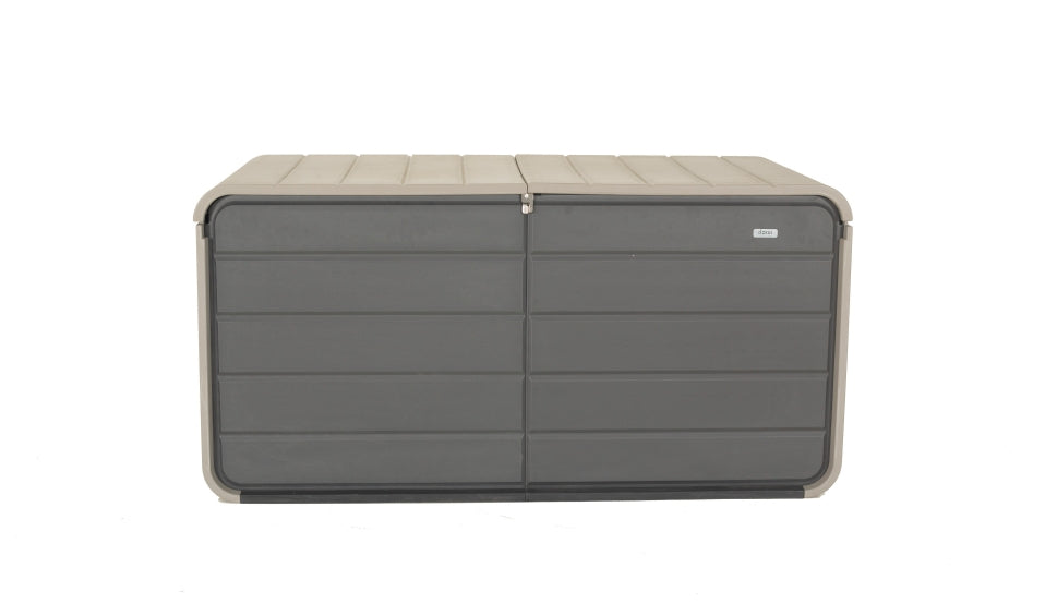 260 Gallon Plastic Deck Box — Extra‑Large Waterproof Outdoor Storage Bench with Wheels & Lock, Gray