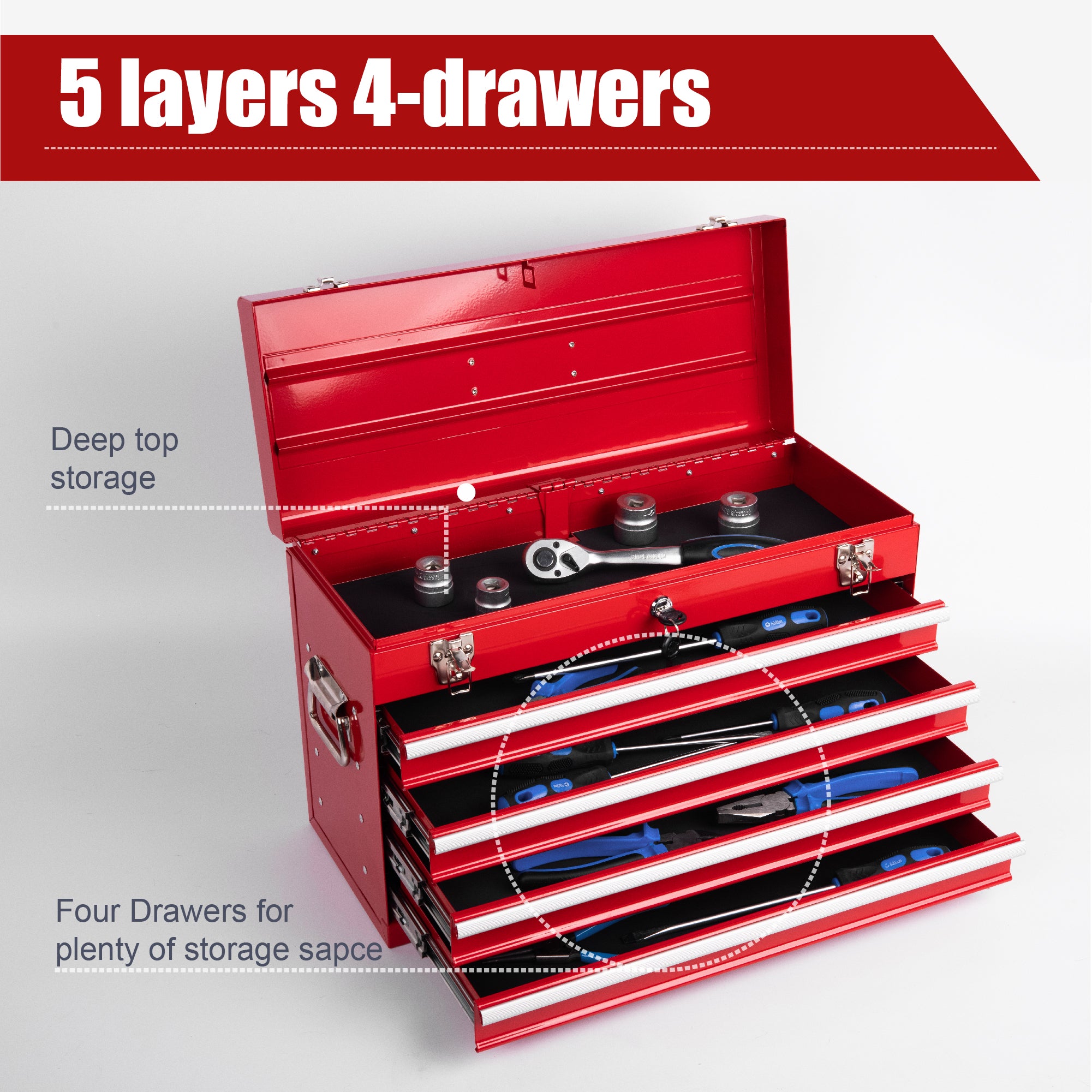 21" Heavy-Duty Red Steel Tool Box | 4 Smooth-Glide Drawers