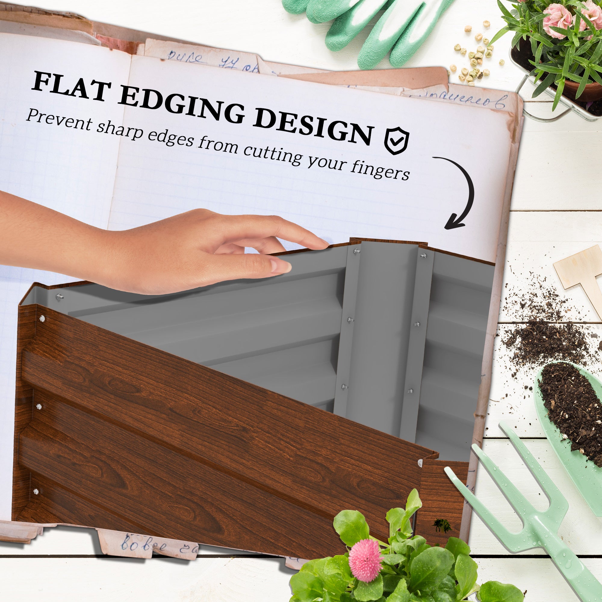 Outsunny Galvanized Raised Garden Bed, 24" x 24" x 11.75" Outdoor Planter Box with Trellis Tomato Cage and Open Bottom for Climbing Vines, Vegetables, Flowers in Backyard, Garden, Patio, Brown