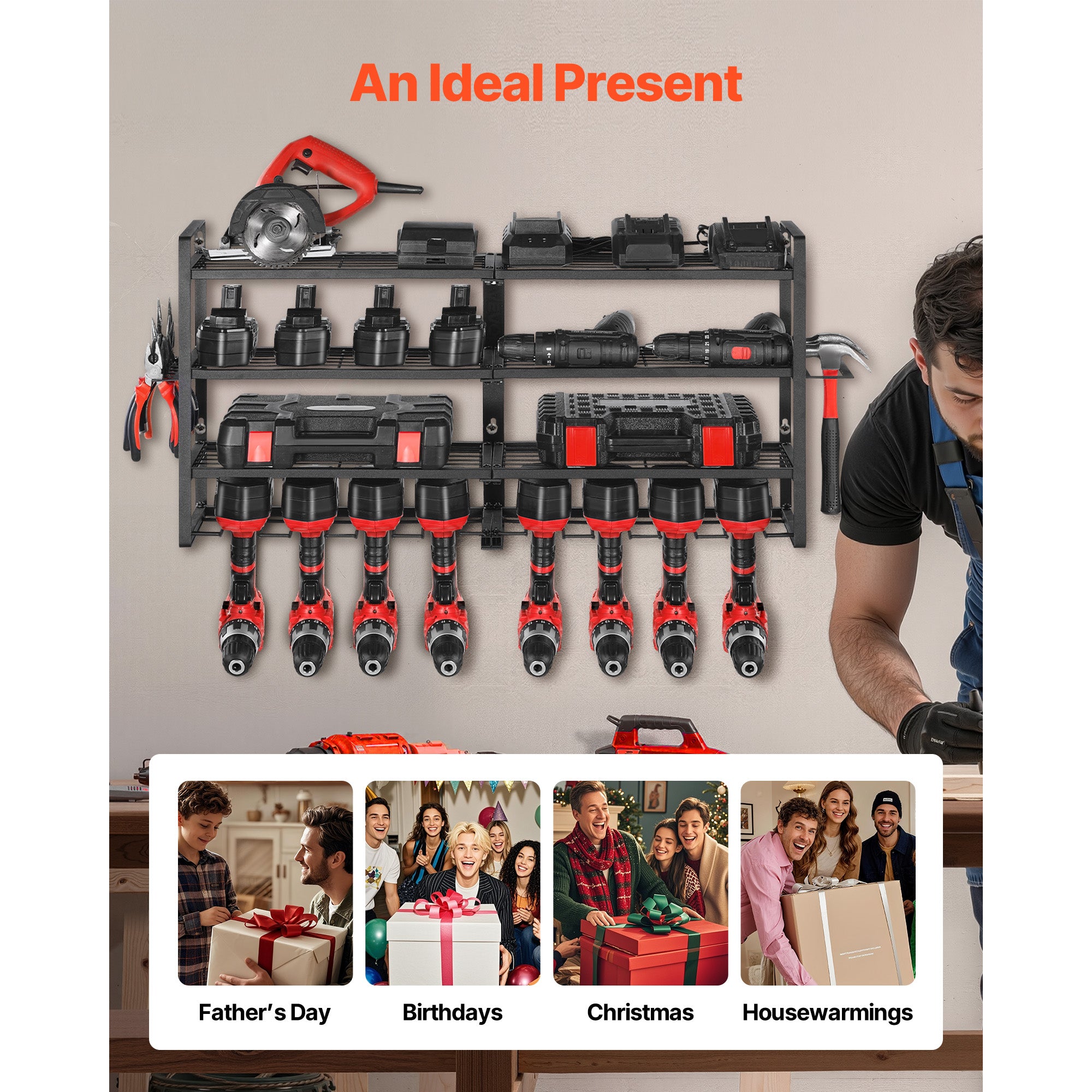 Power Tool Organizer Wall Mount – 4-Layer Storage Rack with 8 Drill Holders & Screwdriver Holder for Garage, Workbench, Workshop