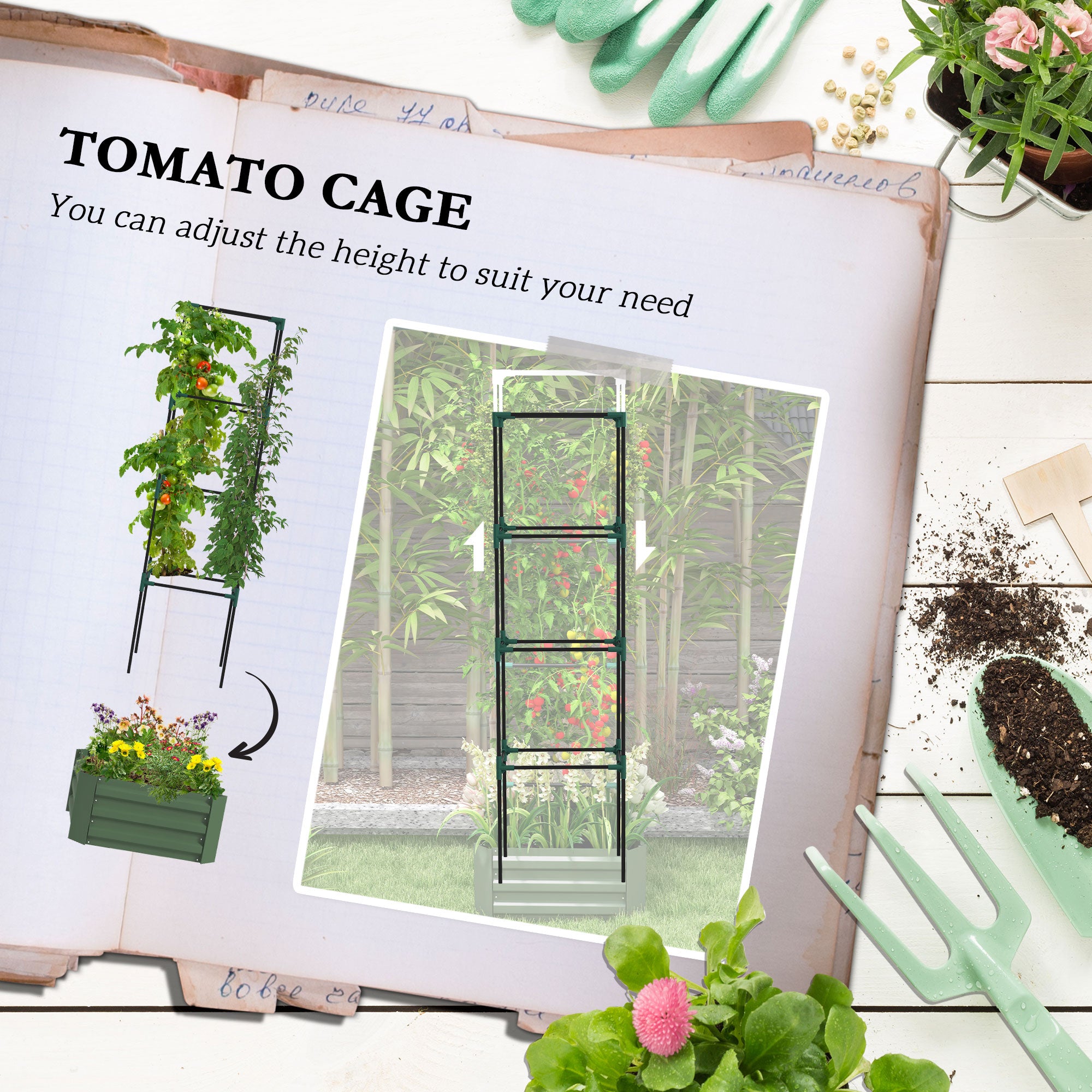 Outsunny Galvanized Raised Garden Bed, 24" x 24" x 11.75" Outdoor Planter Box with Trellis Tomato Cage and Open Bottom for Climbing Vines, Vegetables, Flowers in Backyard, Garden, Patio, Green