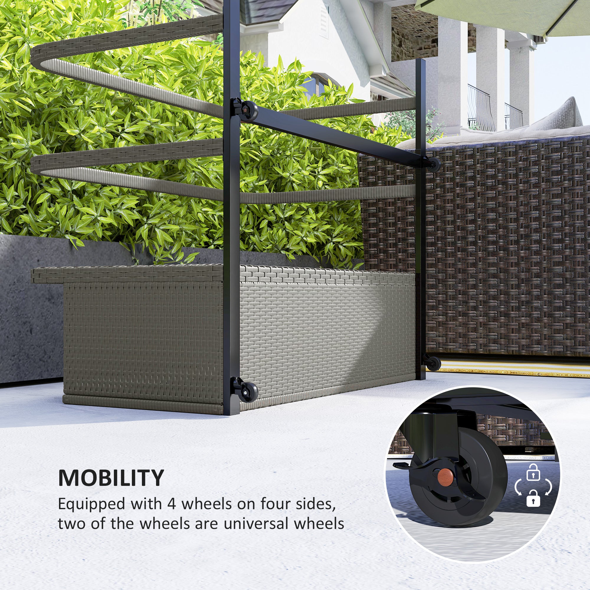 Outsunny Wicker Pool Float Storage Organizer, PE Rattan Outdoor Pool Float Holder with Rolling Wheels & Storage Rack, Mixed Gray