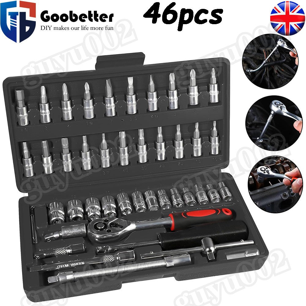 46Pcs 1/4" Drive Socket Set & Screwdriver Bits Ratchet Wrench Drill Bits Set