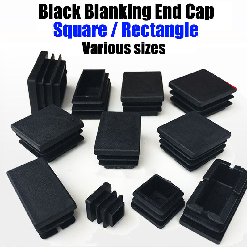 Black square/rectangle plastic blanking end caps—ideal for tube pipe inserts & plug bungs, smooth finish