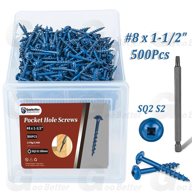 #8 Pocket Hole Screws Exterior Pocket Screw Coarse Thread Square Drive Washer Head Blue Coated With 100MM Drive Bit