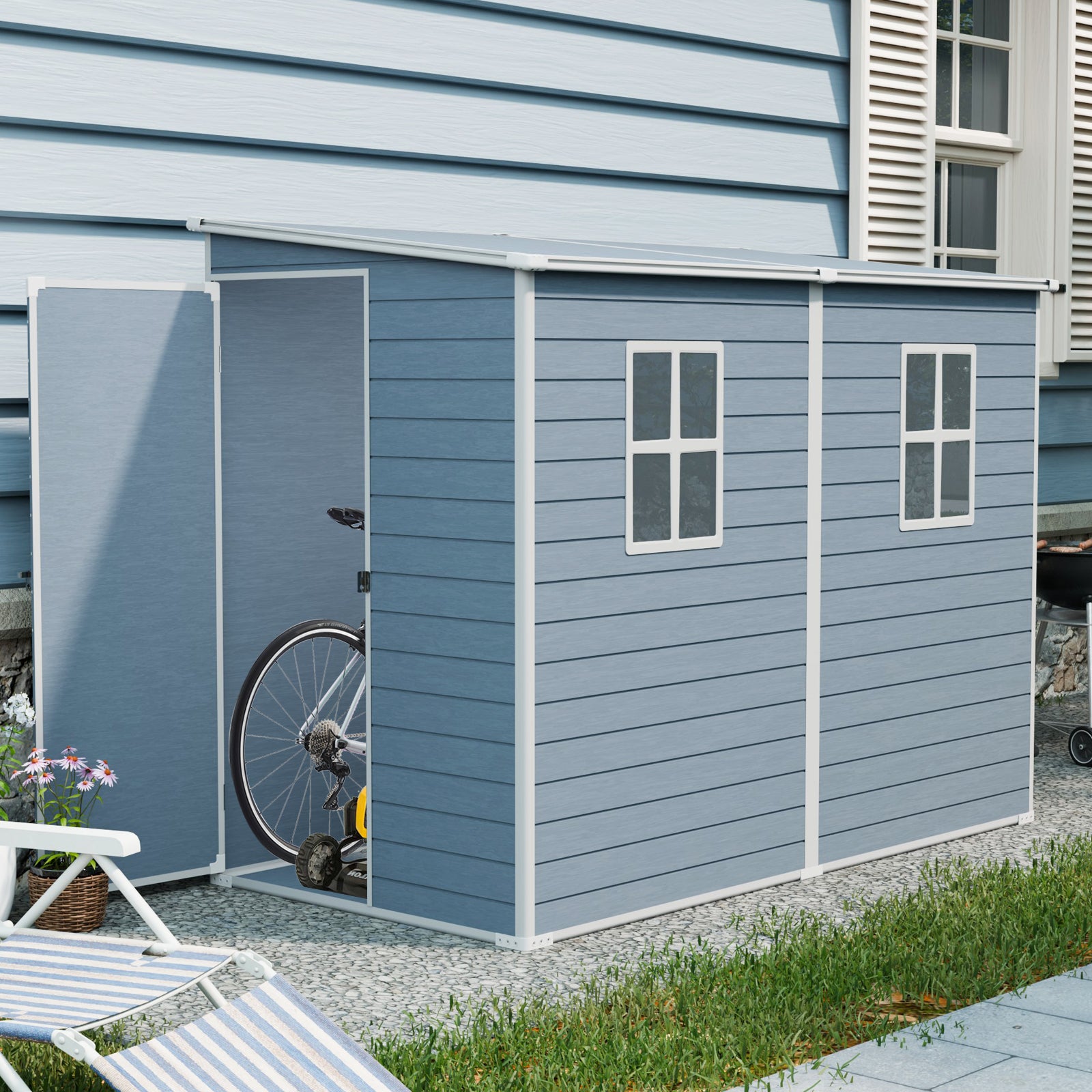 4x8ft Outdoor Storage Shed with Floor Resin shed with Two-Window, Waterproof ,Lockable Doors for Patio,Yard,Lawn --Gray