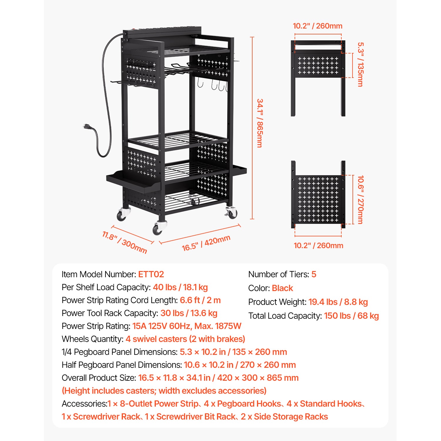 5-tier Tool Organizer Cart with Charging Station Garage Cart on Wheels