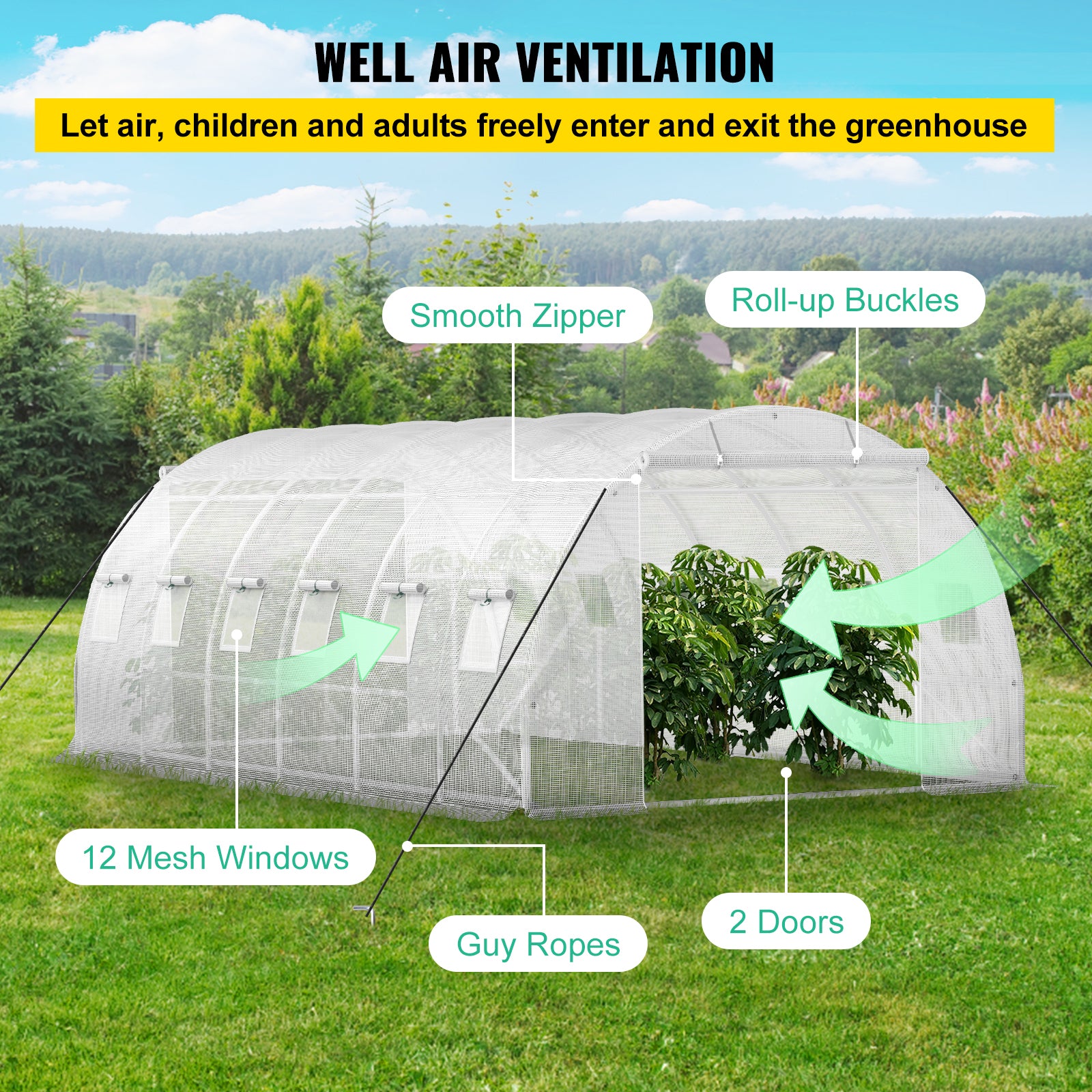 20ft x 10ft x 7ft Walk‑In Tunnel Greenhouse — Galvanized Steel Frame Roll‑Up Windows & Zippered Doors White