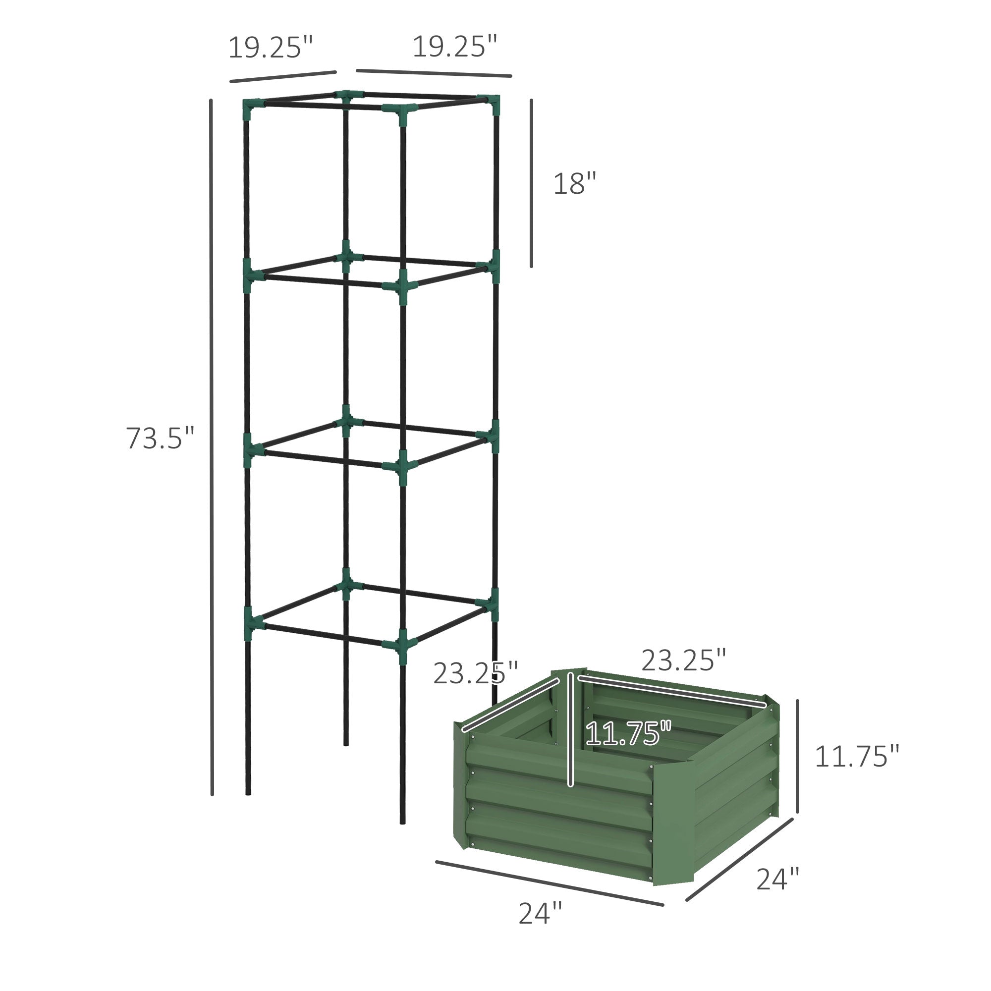 Outsunny Galvanized Raised Garden Bed, 24" x 24" x 11.75" Outdoor Planter Box with Trellis Tomato Cage and Open Bottom for Climbing Vines, Vegetables, Flowers in Backyard, Garden, Patio, Green