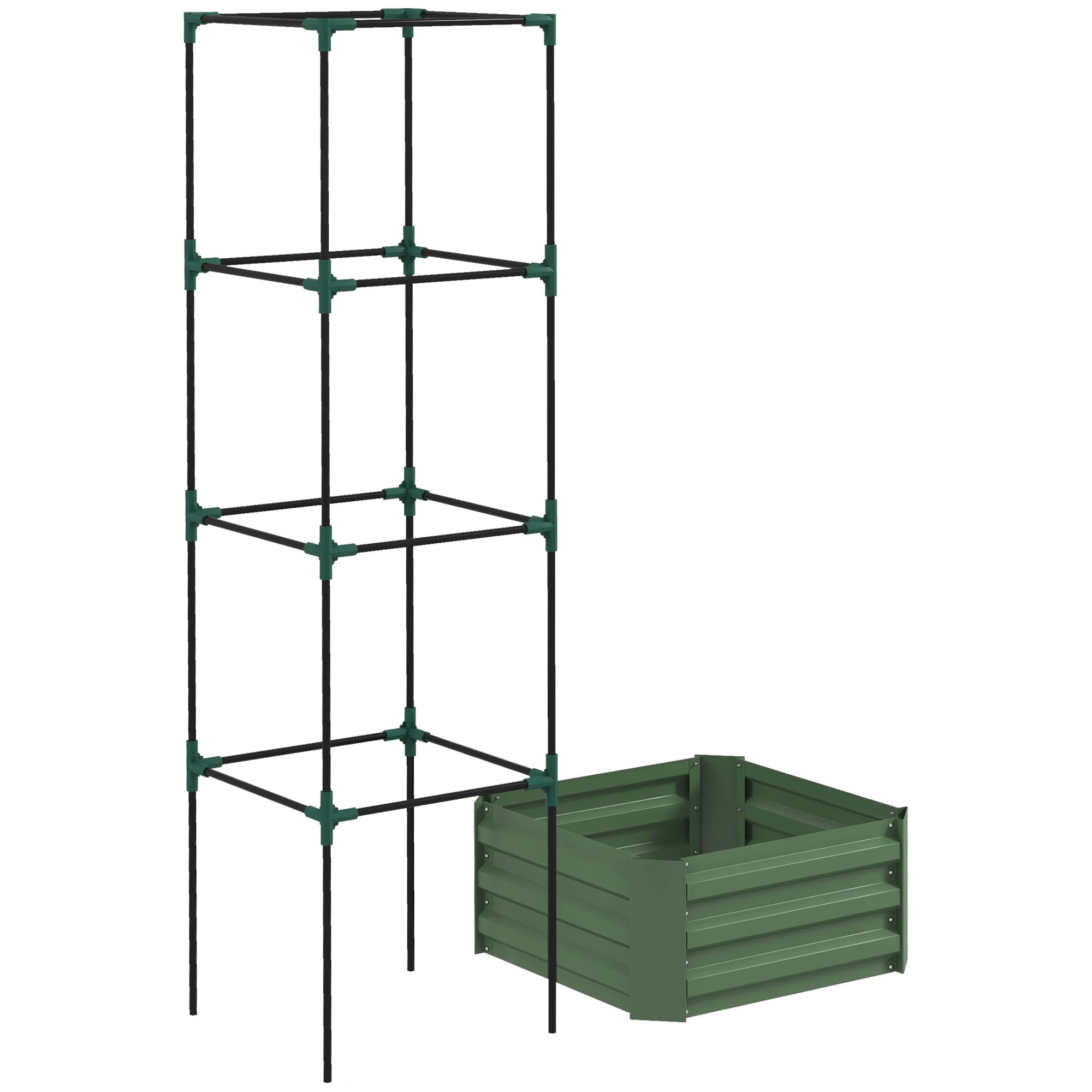 Outsunny Galvanized Raised Garden Bed, 24" x 24" x 11.75" Outdoor Planter Box with Trellis Tomato Cage and Open Bottom for Climbing Vines, Vegetables, Flowers in Backyard, Garden, Patio, Green