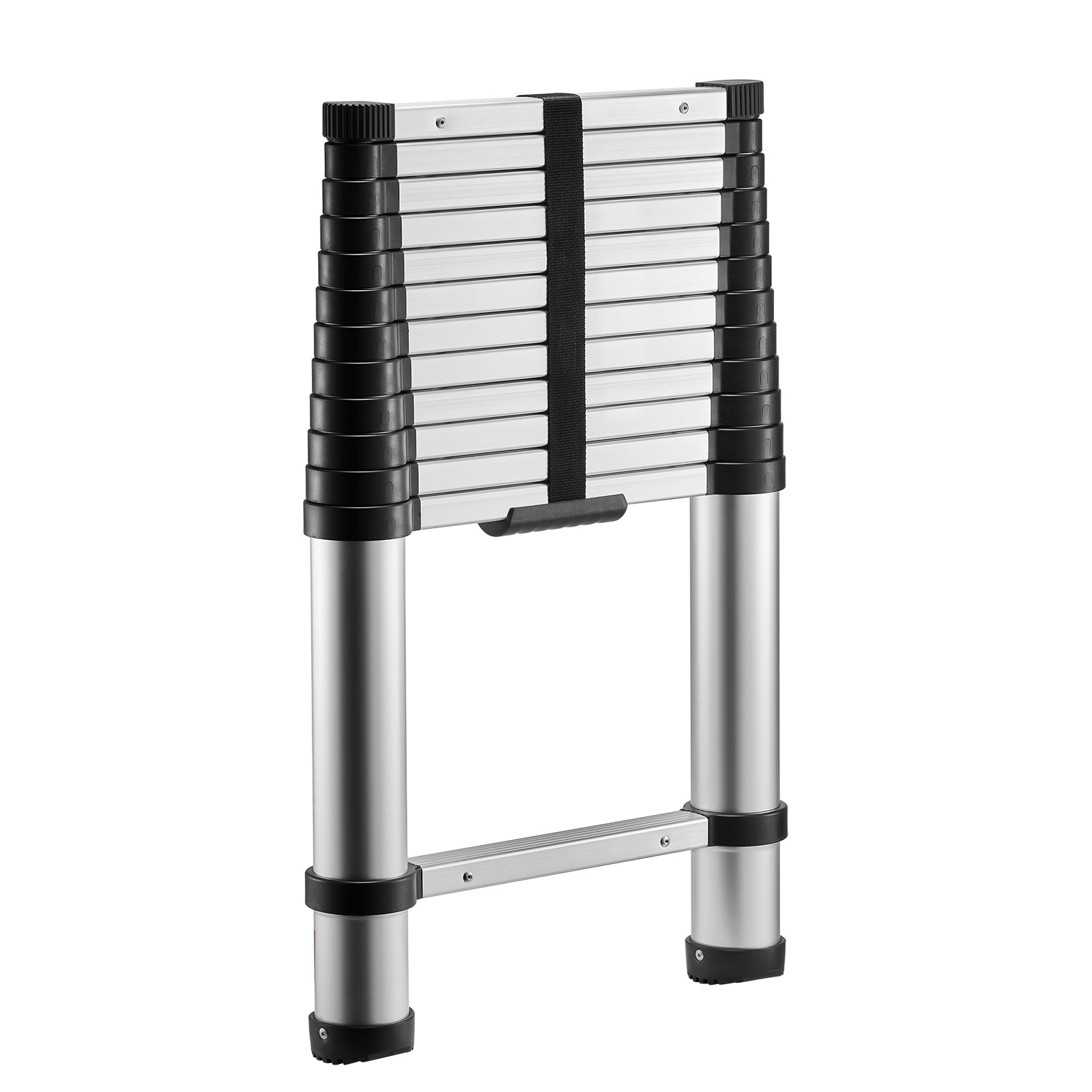 12.5FT Telescoping Aluminum Ladder — 330 lb Capacity, One‑Touch Retraction, Widened Steps, Silver