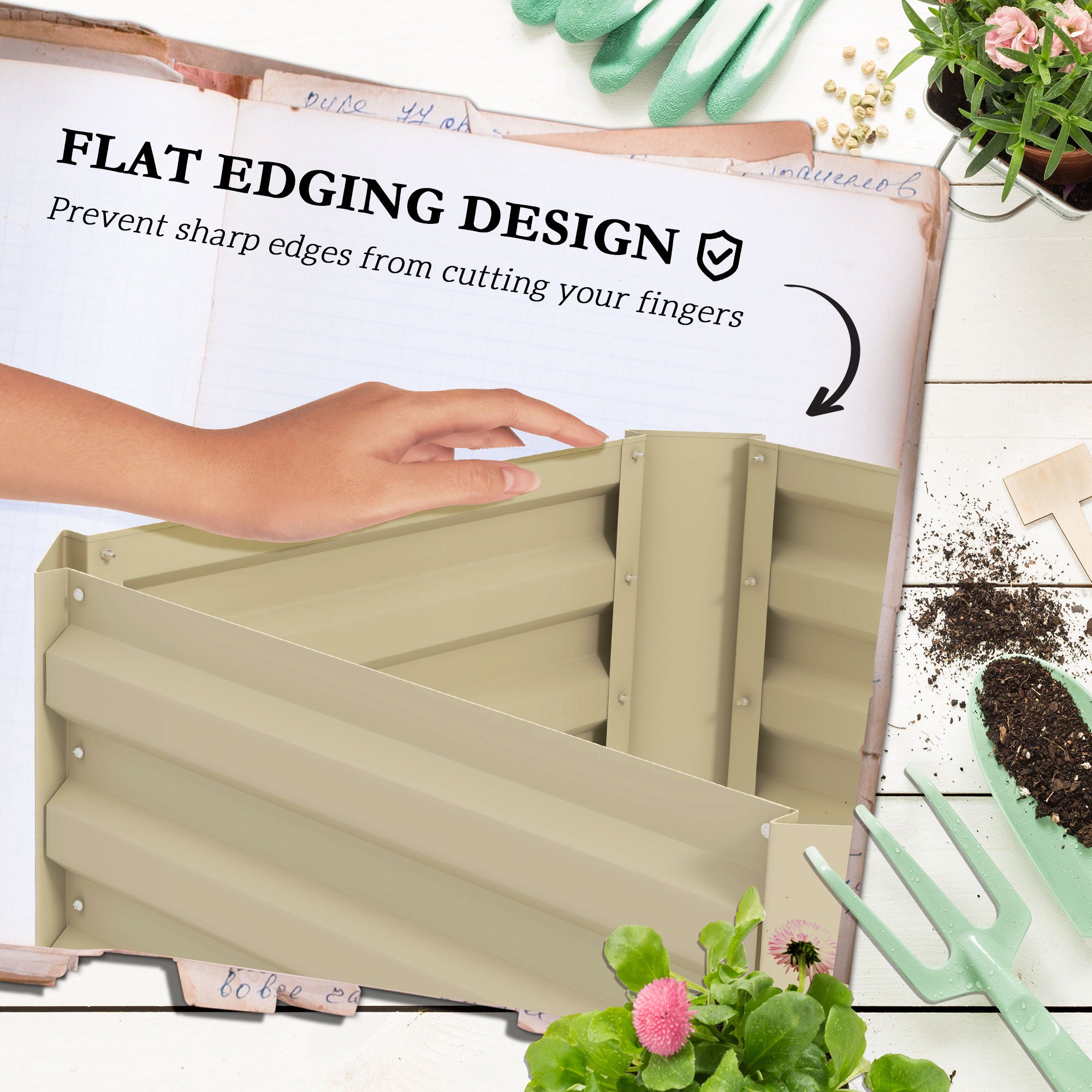 Outsunny Galvanized Raised Garden Bed, 24" x 24" x 11.75" Outdoor Planter Box with Trellis Tomato Cage and Open Bottom for Climbing Vines, Vegetables, Flowers in Backyard, Garden, Patio, Cream