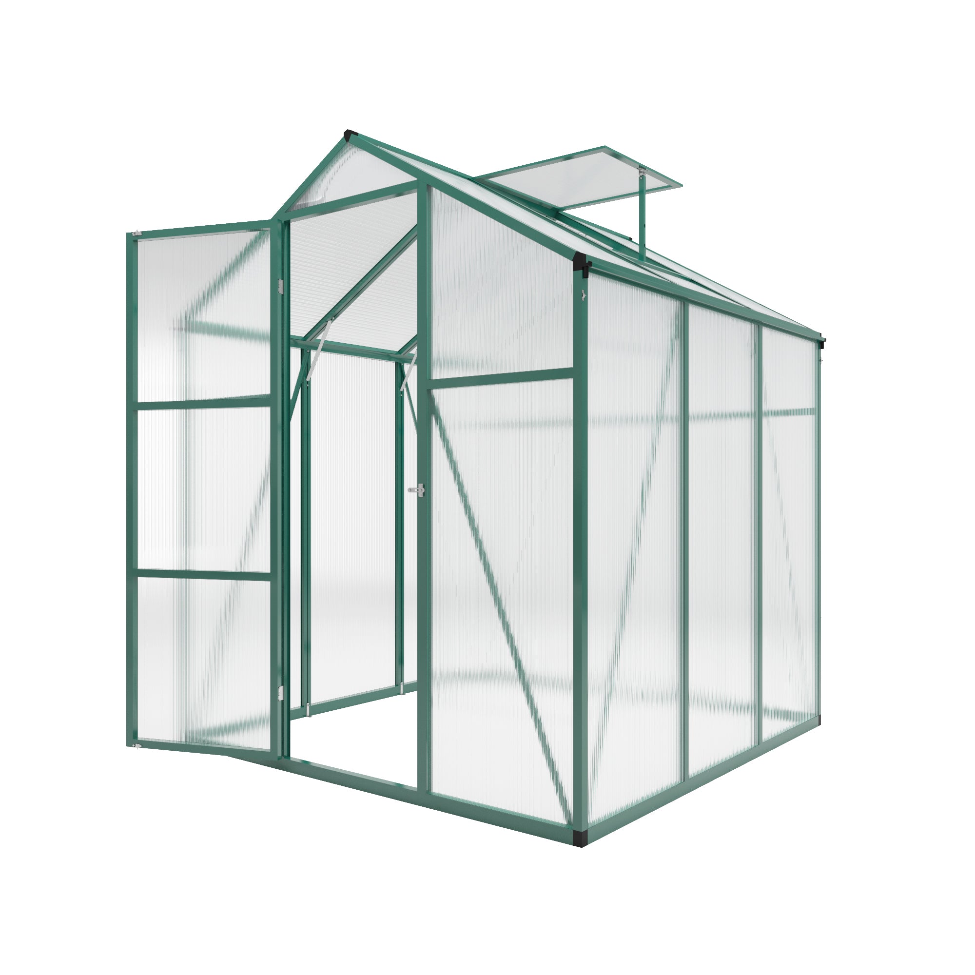 6ft x 6ft Heavy‑Duty Aluminum Walk‑In Greenhouse — Wind‑Resistant Polycarbonate Panels with Raised Base & Drainage System Green