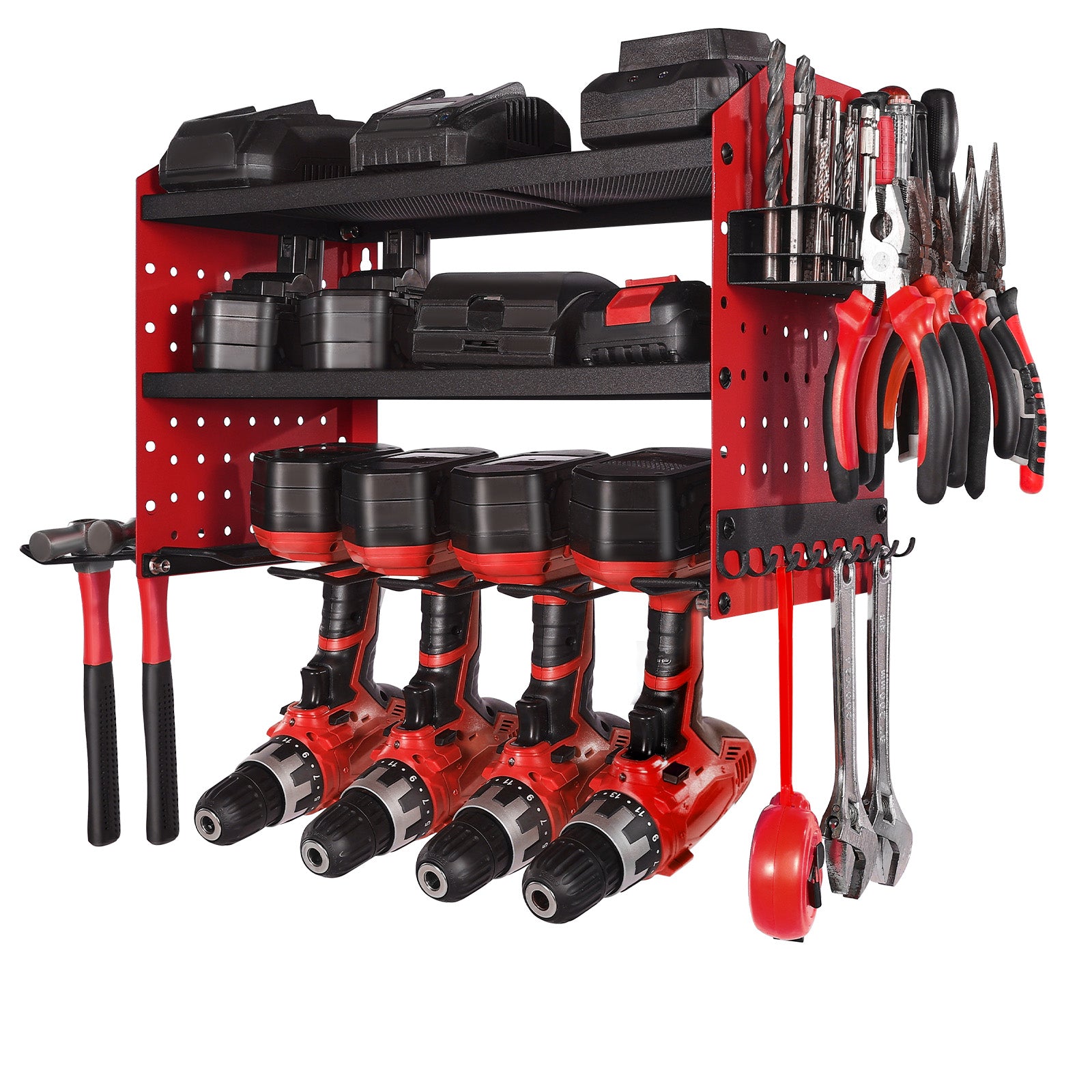 Wall Mount Power Tool Organizer, 3-Tier Rack with 4 Drill Holders & Side Pegboards, 100 lb Capacity, Q235 Steel, Red