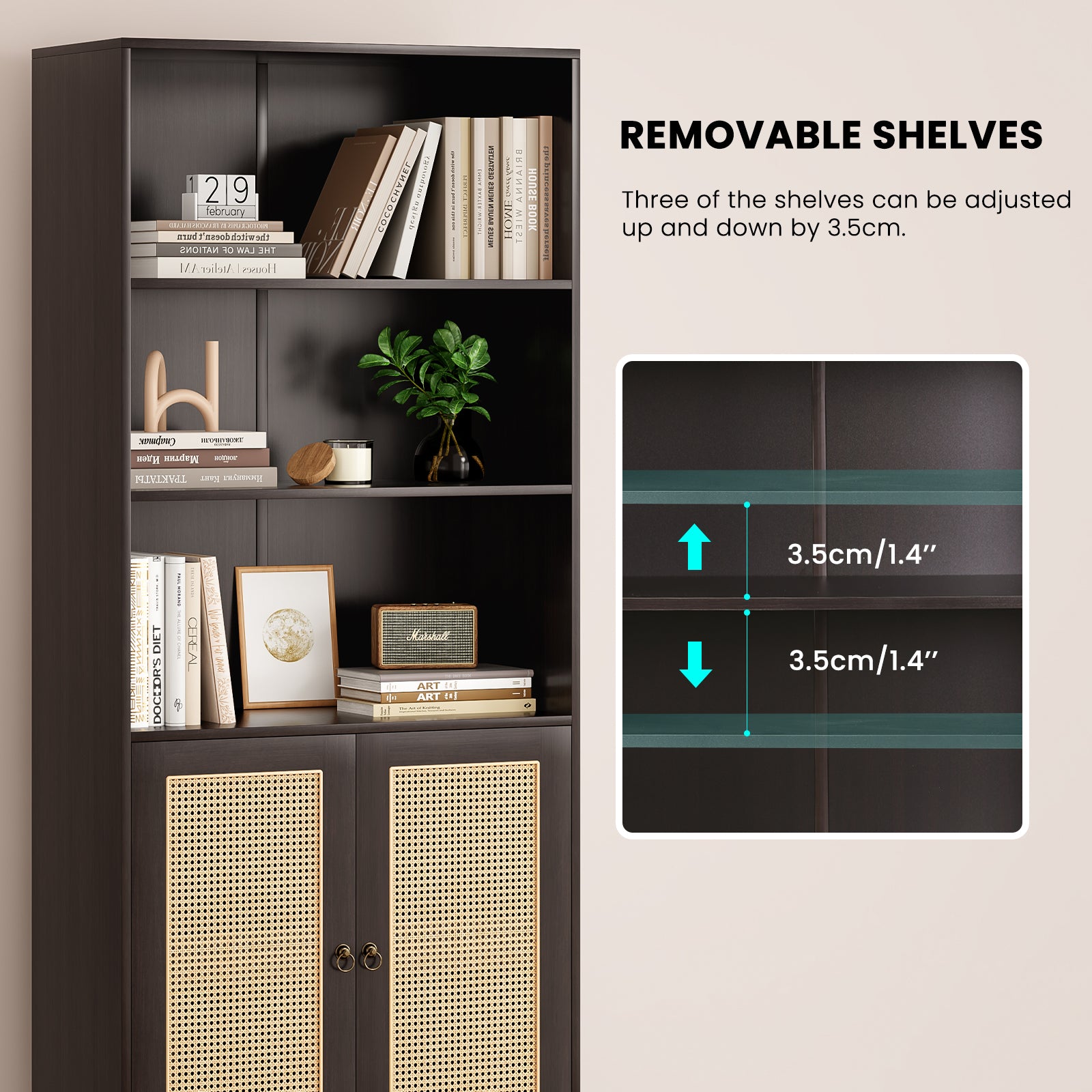 Tall Bookcase with Rattan Doors,5 Tier Storage Wood Shelves Large Bookshelf for Library Living Room Bedroom Home Office,Walnut