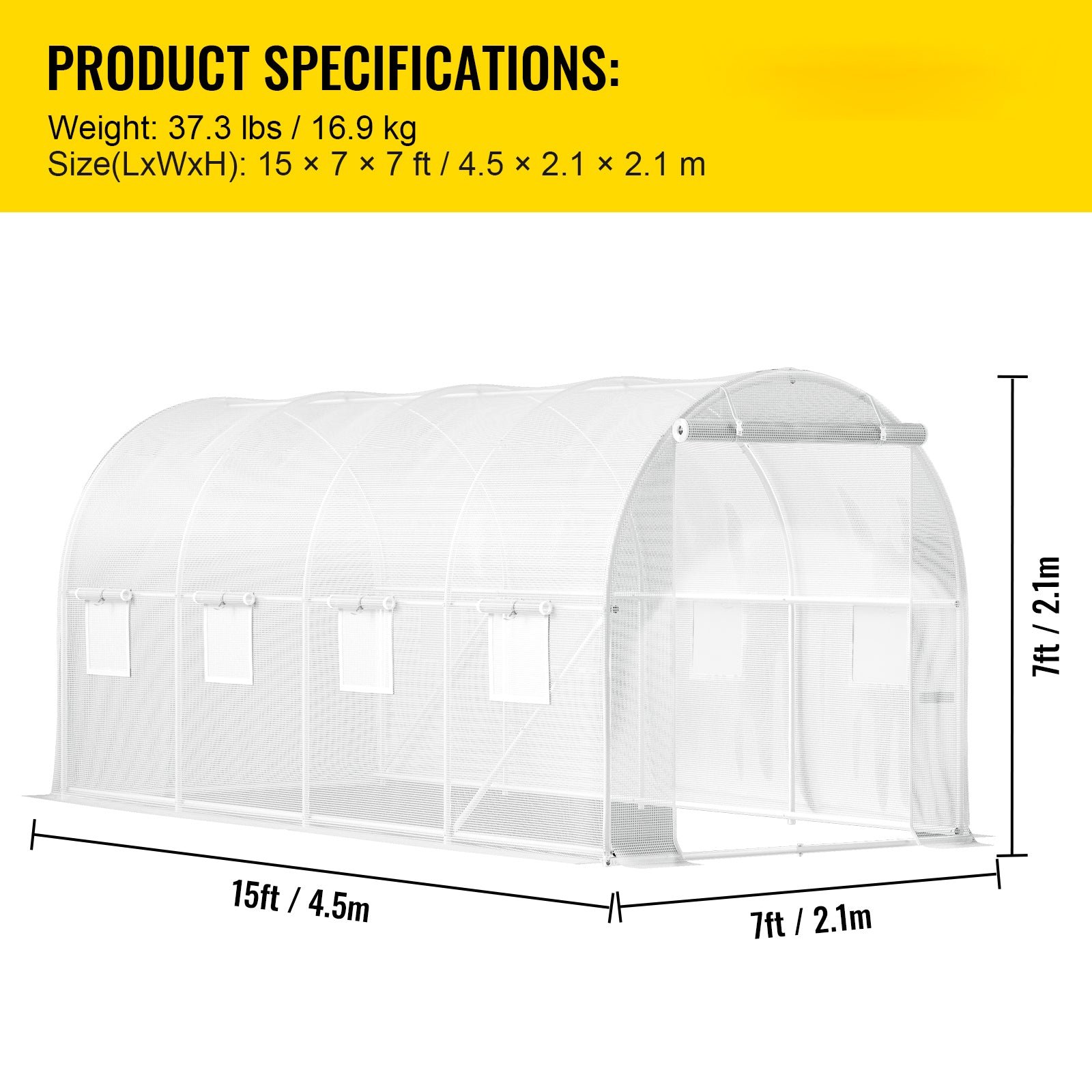 15ft x 6.5ft x 7ft Walk‑In Tunnel Greenhouse — Galvanized Steel Frame Roll‑Up Windows & Zippered Door White