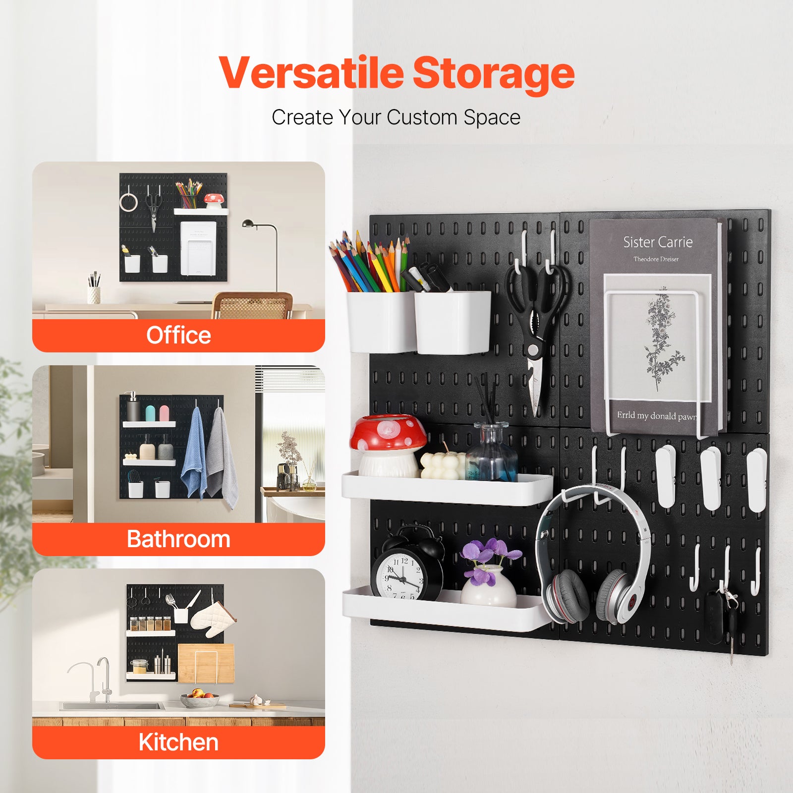Modular Plastic Pegboard Wall Organizer Kit, 4-Panel 11"x11" ABS Panels, 20 lb per Panel, Black