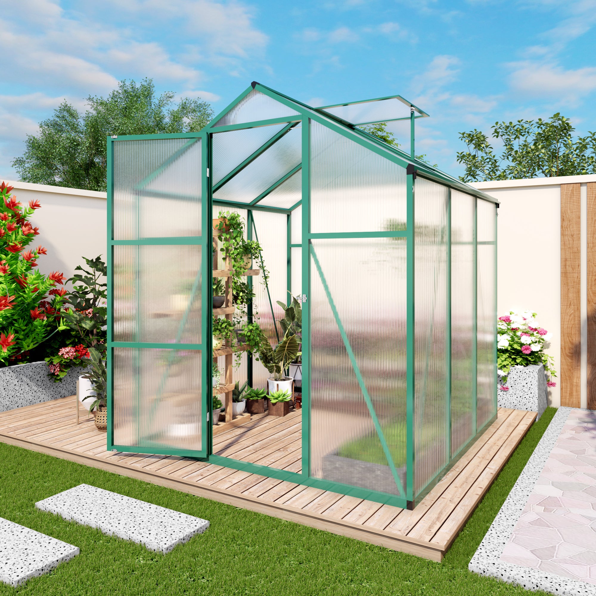 6ft x 6ft Heavy‑Duty Aluminum Walk‑In Greenhouse — Wind‑Resistant Polycarbonate Panels with Raised Base & Drainage System Green