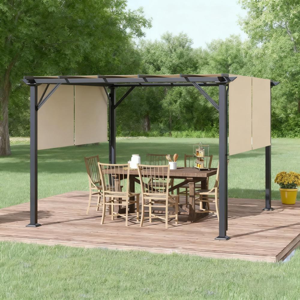 Steel Pergola with Retractable Canopy, 12x10 ft Outdoor Patio Shade Shelter
