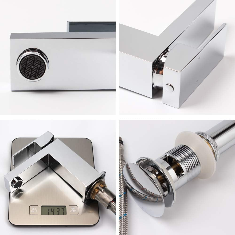 Modern Chrome Bathroom Faucet, Single Hole Bathroom Faucet, Solid Brass Chrome Polished Bathroom Sink Faucet, Single Handle Heavy Duty Square Basin Vanity Square Bathroom Faucet with Pop-up Drain