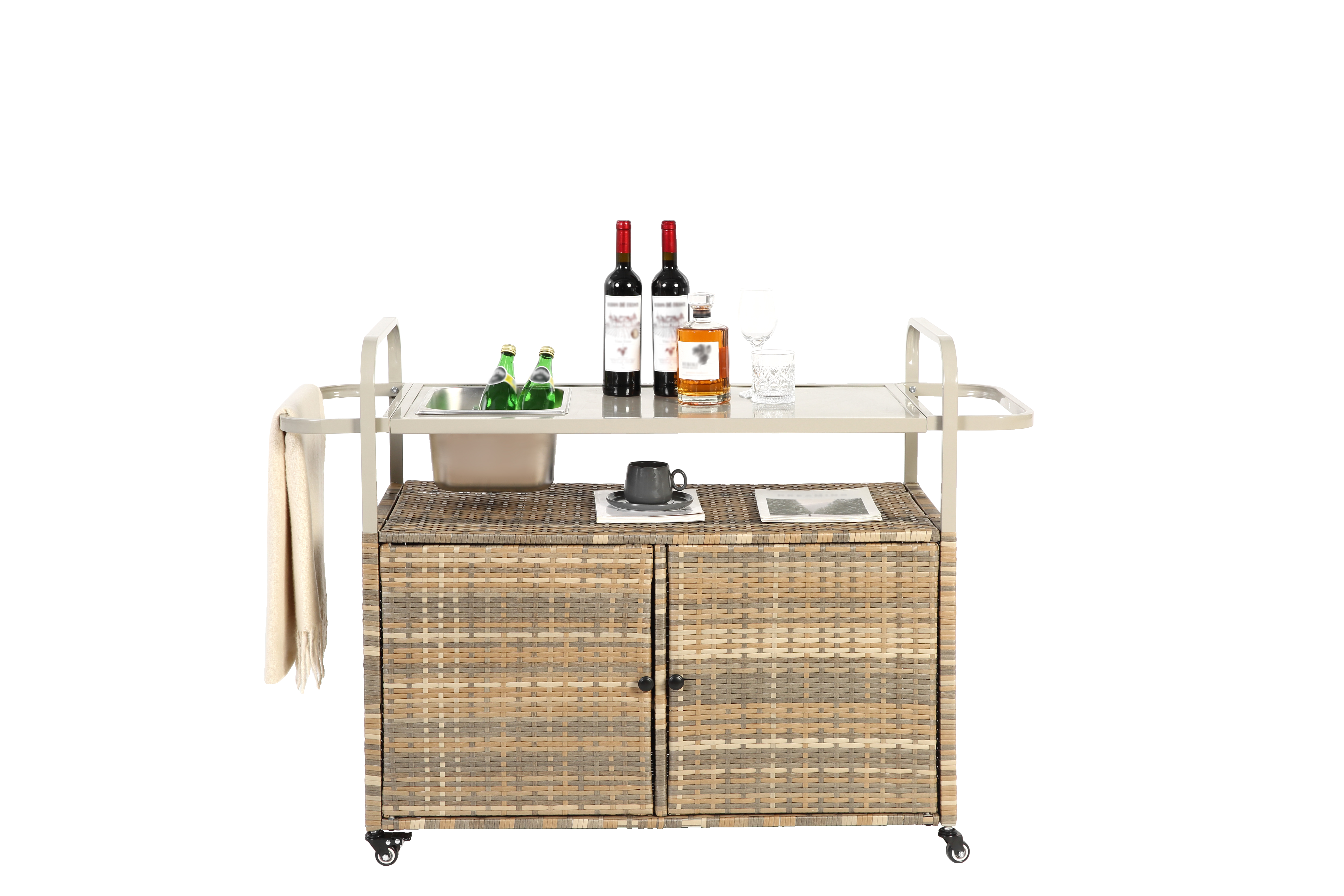Outdoor Bar Table, Wicker Bar Cart with Cabinet, Patio Serving Cart with steel Top, with one ice bucket,Lockable Wheels, Side Basket for Garden, Poolside & Backyard, Beige