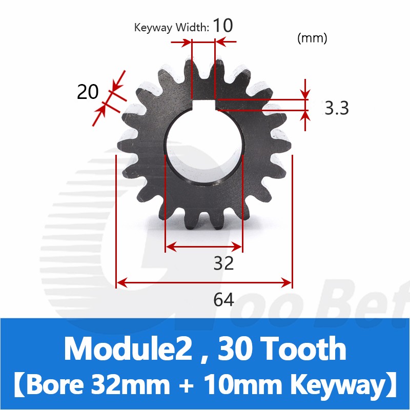 Spur Gear C45 Steel Black Oxided Module 2 Pinion 12-30 Tooth Keyway 10-32mm Flat
