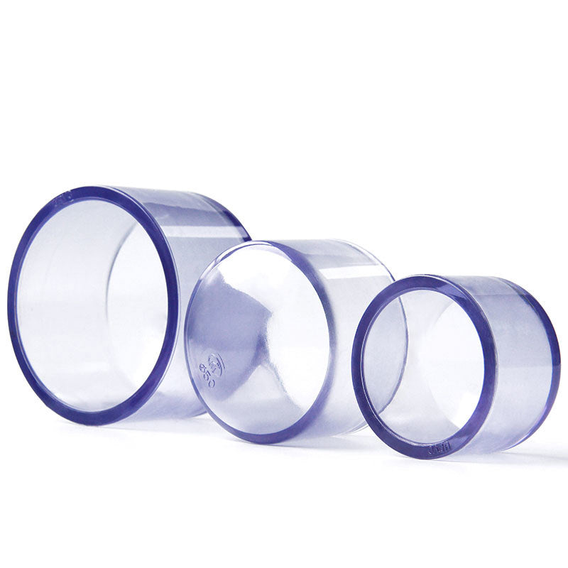 Size comparison of transparent pipe caps from 20mm to 90mm diameter