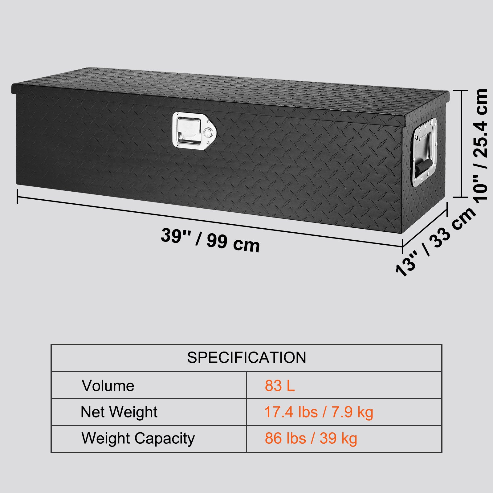 Heavy Duty Aluminum Truck Bed Tool Box, Diamond Plate Tool Box with Side Handle and Lock Keys, Storage Tool Box Chest Box Organizer for Pickup, Truck Bed, RV, Trailer, 39"x13"x10", Black
