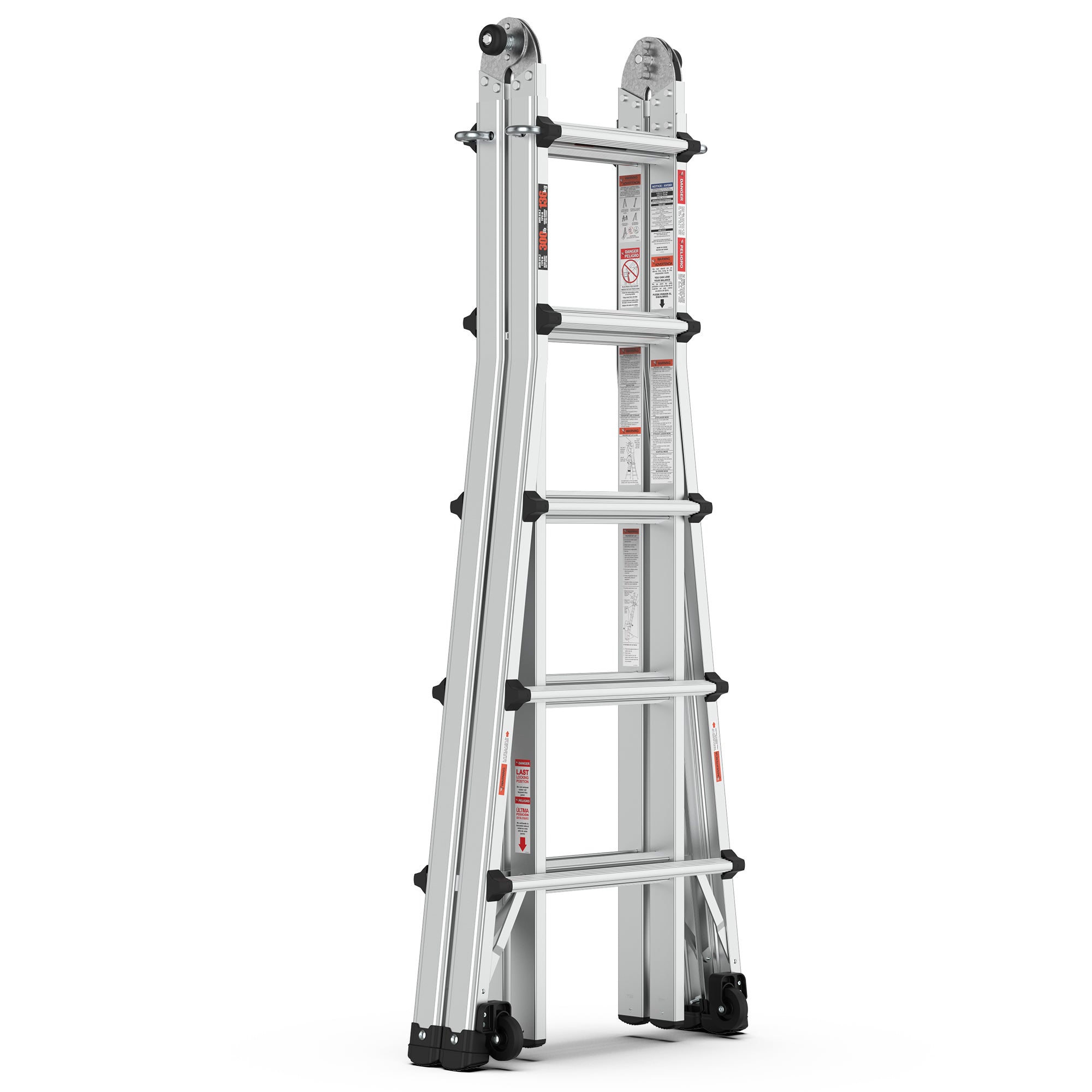 22 FT Aluminum Multi‑Position Ladder with Wheels — 300 lb Capacity, A‑Frame, Extension & More, Metallic Grey