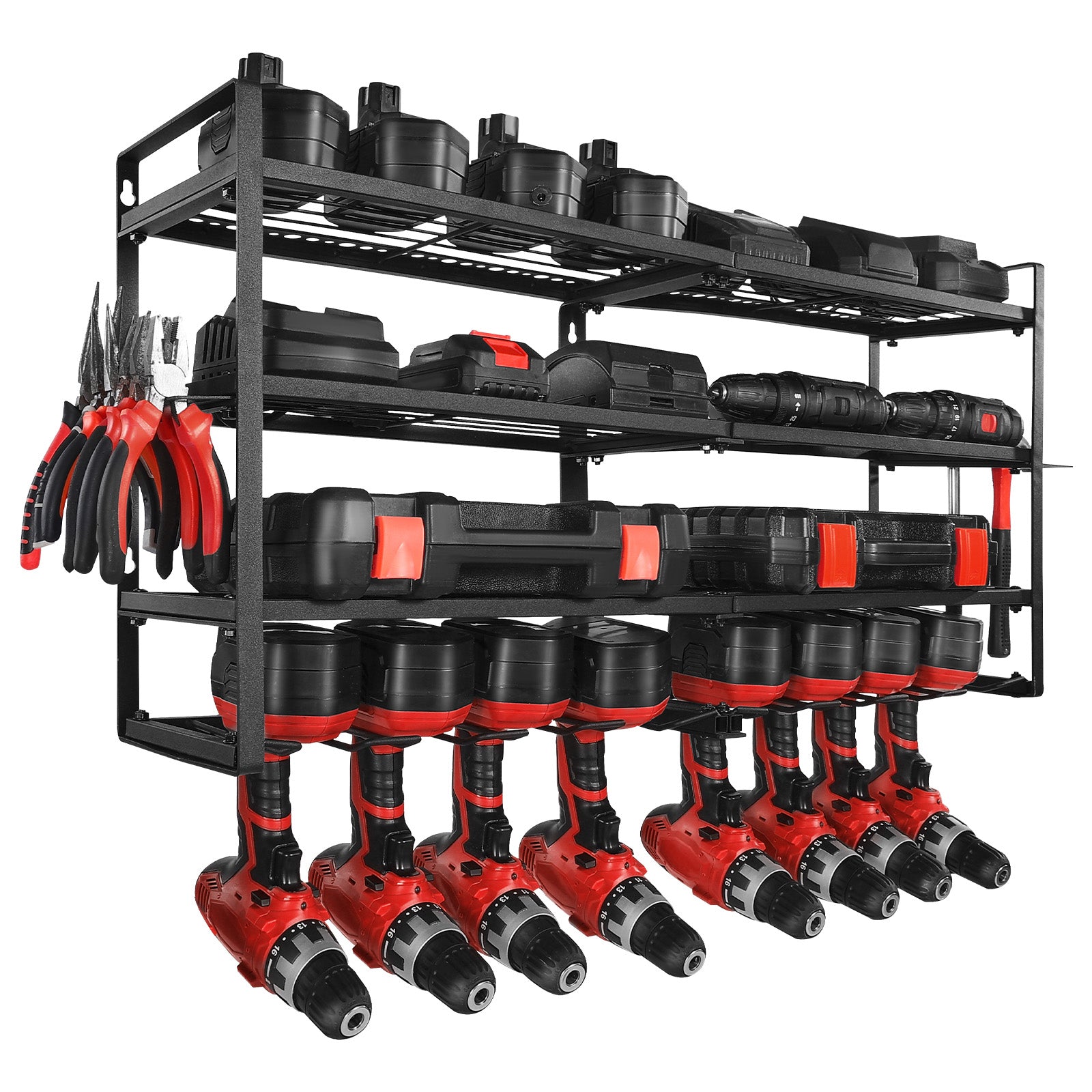 Power Tool Organizer Wall Mount – 4-Layer Storage Rack with 8 Drill Holders & Screwdriver Holder for Garage, Workbench, Workshop