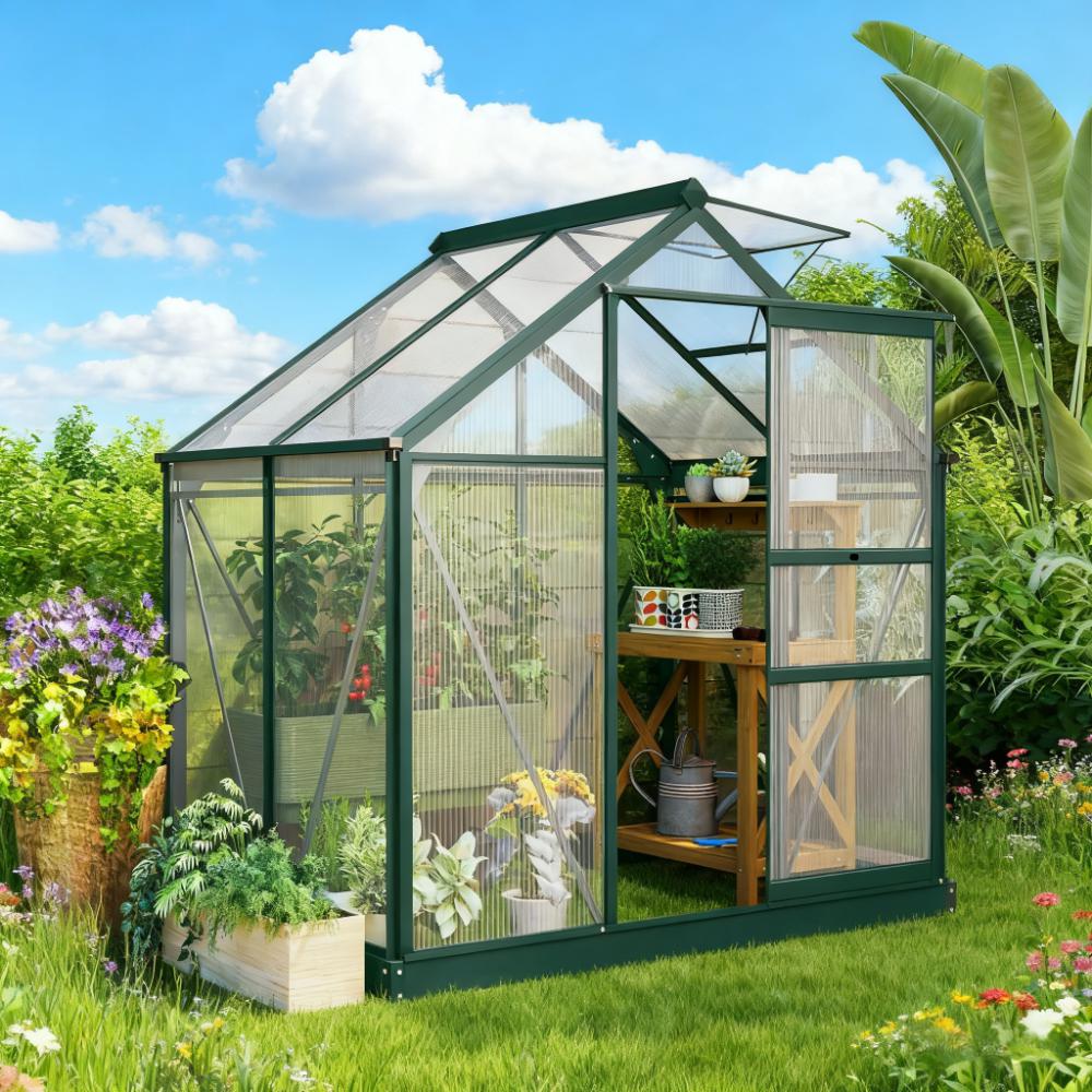 6ft x 4ft Polycarbonate Walk‑In Greenhouse — Aluminum Frame Rain Gutter & Adjustable Roof Vent Multi