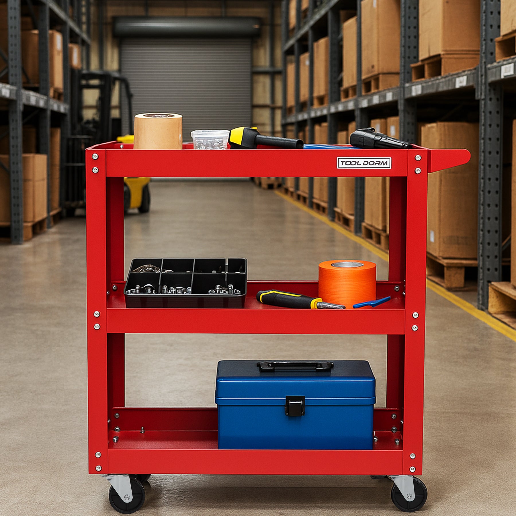 Tool Dorm Utility Service Cart, 3 Shelf 200LBS Heavy Duty Steel Rolling Utility Cart, Medium Lipped Shelf, 360° Swivel Wheels, Ergonomic Storage Handle for Warehouse Garage, Red