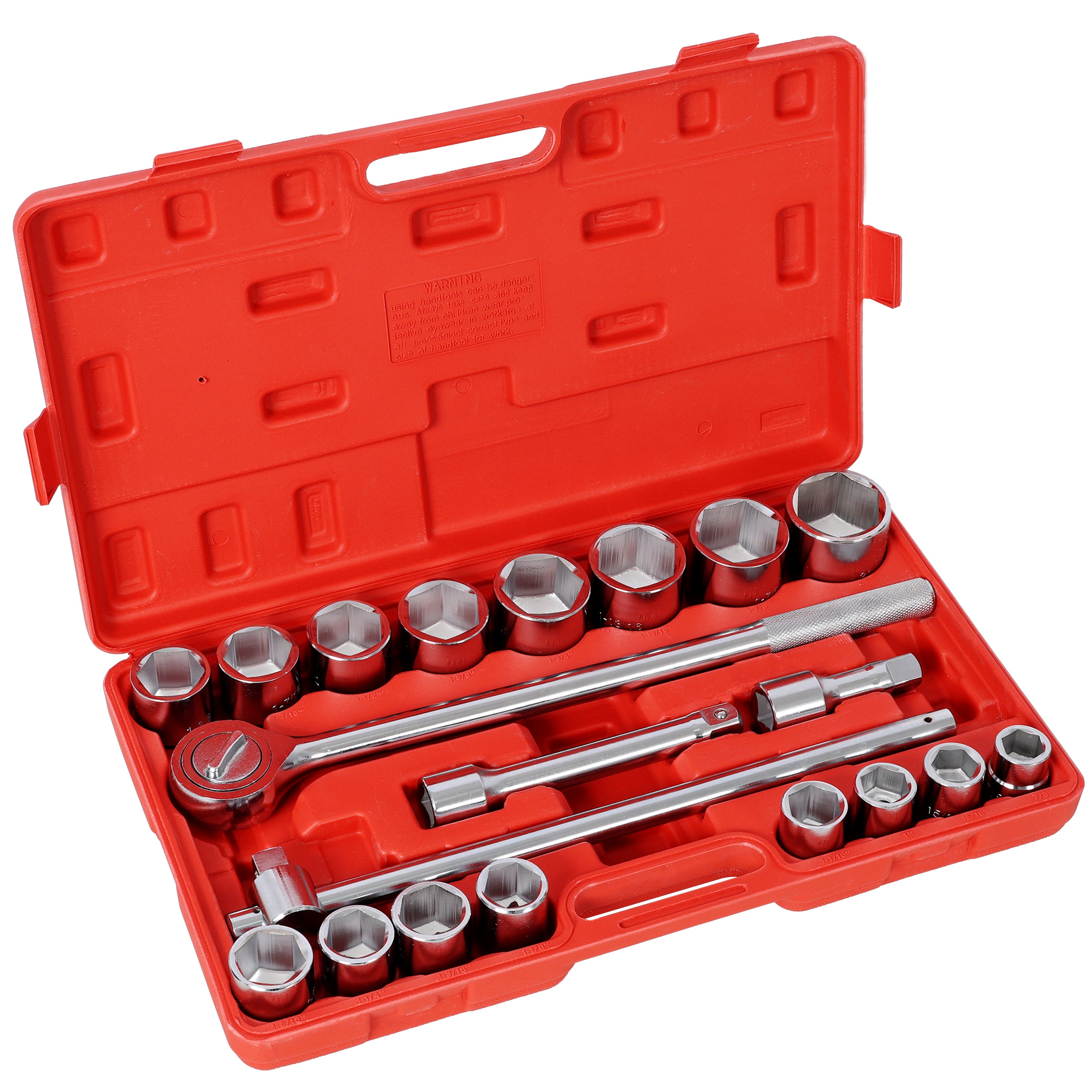 21‑Piece 3/4" Drive SAE Socket Set — 6‑Point, 7/8" to 2", with Ratchet & Breaker Bar, Red Case