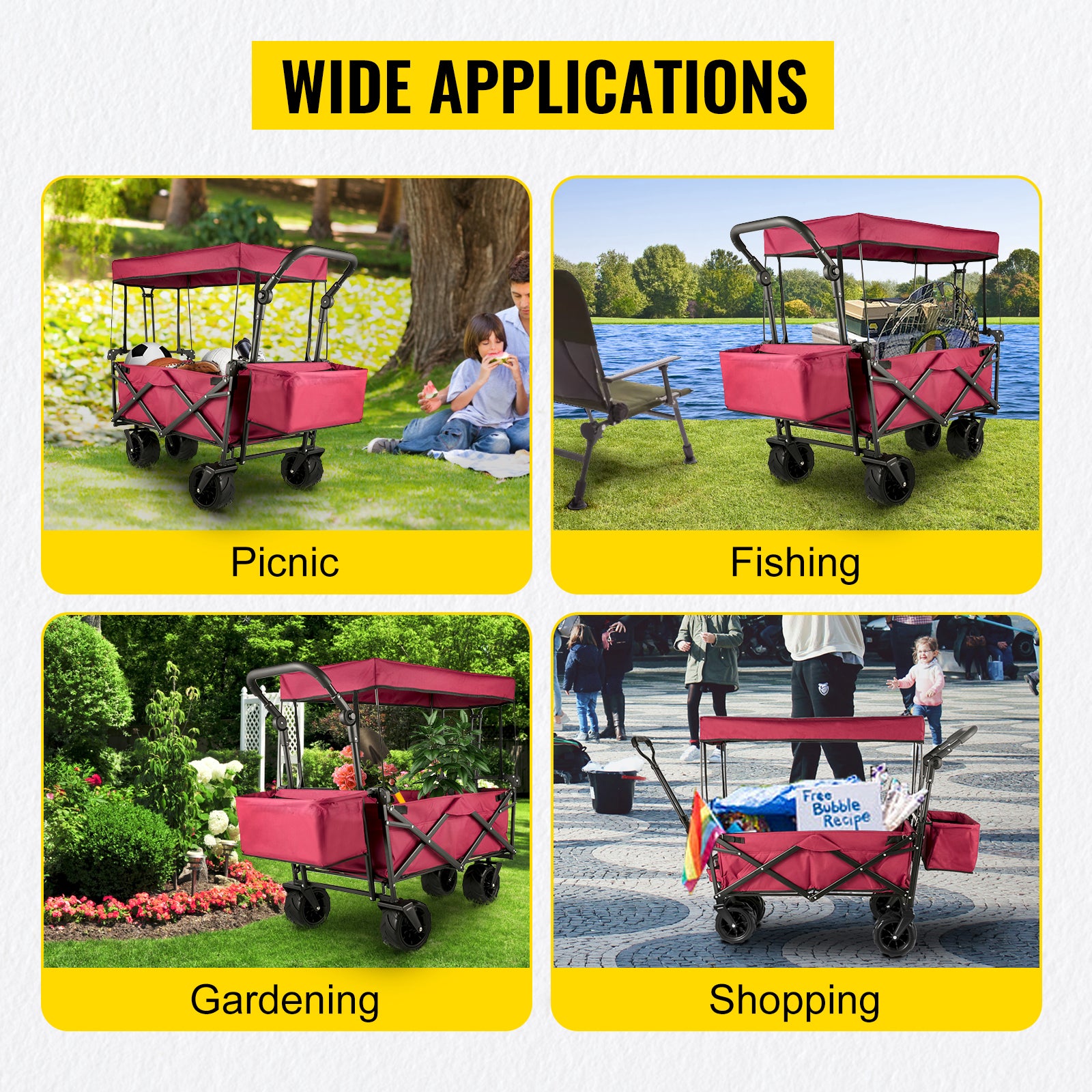 Extra Large Collapsible Garden Cart with Removable Canopy, Folding Wagon Utility Carts with Wheels and Rear Storage, Wagon Cart for Garden, Camping, Grocery Cart, Shopping Cart, Red