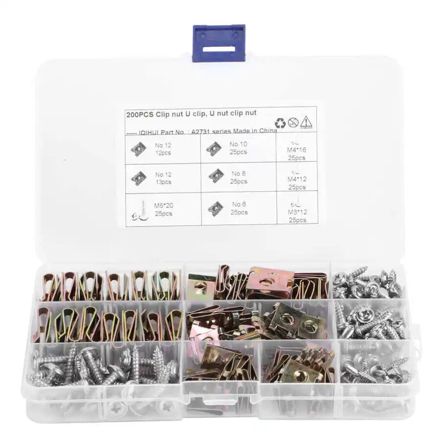 200‑Piece Clip Nut Snap Nut Assortment Set – Sheet Metal Screws &amp; Threaded U‑Nuts, M3 M4 M5