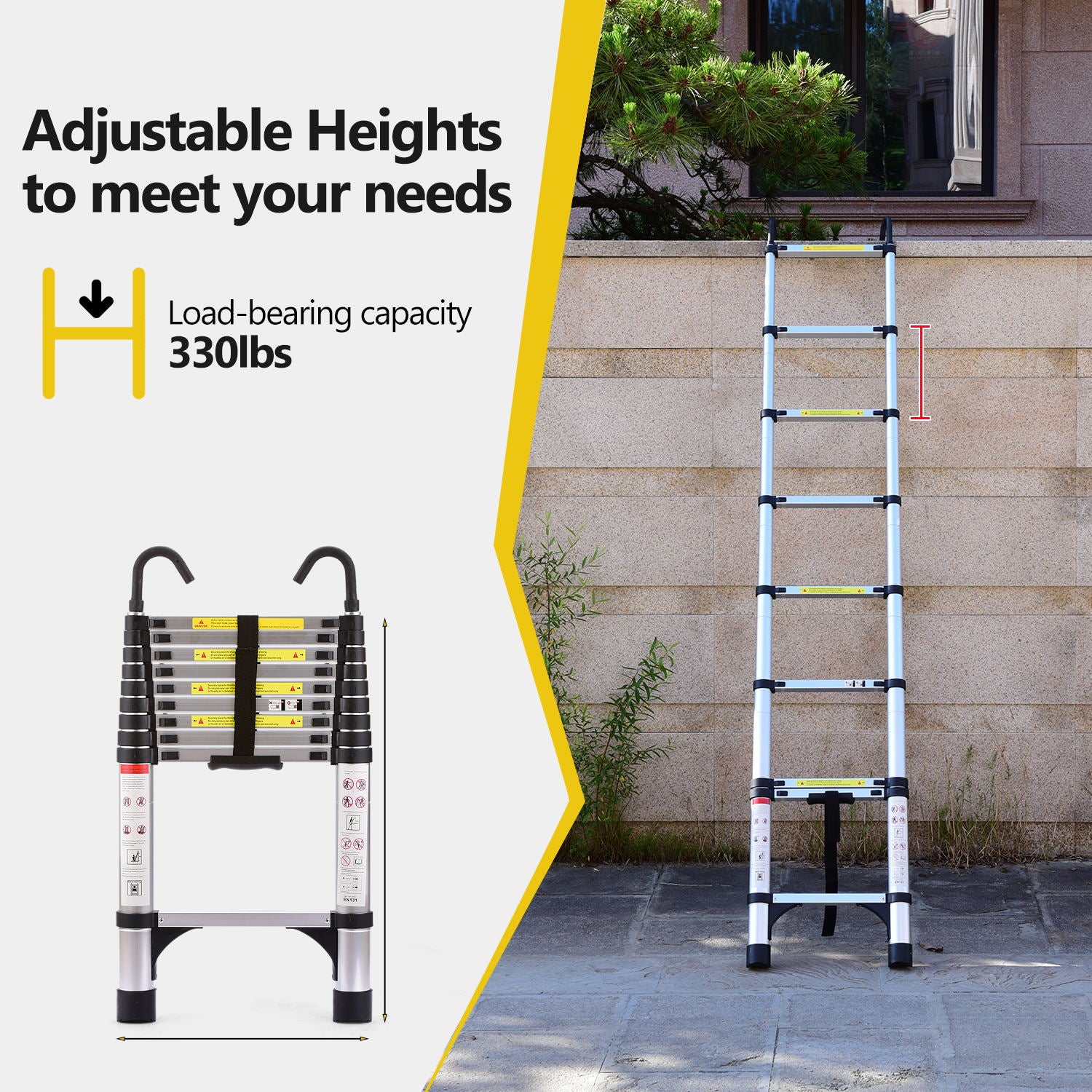 10.5FT Retractable Aluminum Ladder — Dual Locking Rungs, 330 lb Capacity, Antique Silver, Includes Hooks