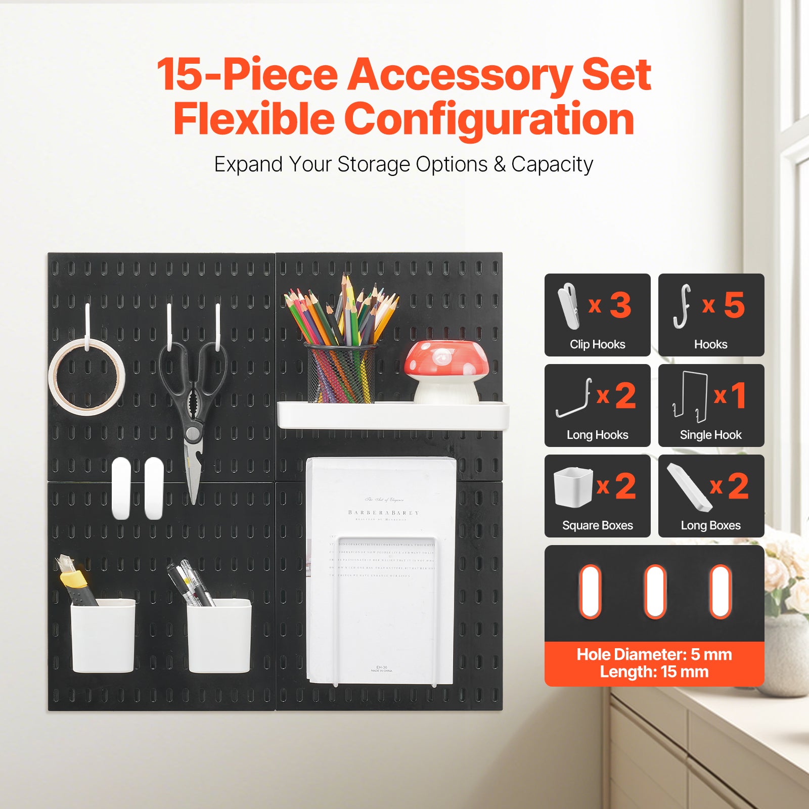 Modular Plastic Pegboard Wall Organizer Kit, 4-Panel 11"x11" ABS Panels, 20 lb per Panel, Black