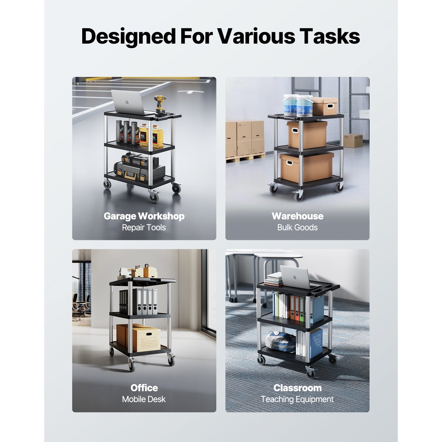 3-shelf Utility Cart 300 lbs 27.6 x 18.1-inch Service Cart with Wheels