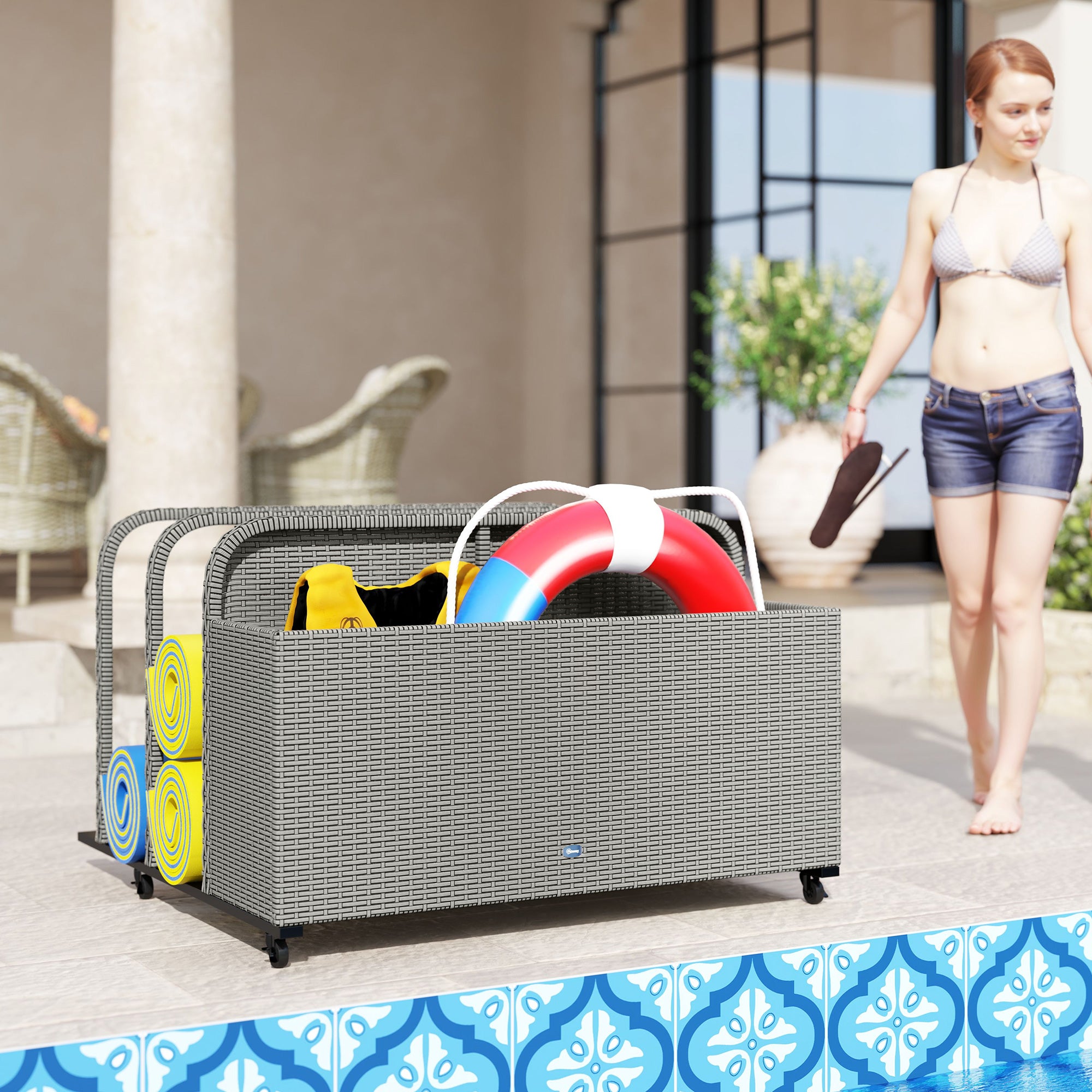 Outsunny Wicker Pool Float Storage Organizer, PE Rattan Outdoor Pool Float Holder with Rolling Wheels & Storage Rack, Mixed Gray
