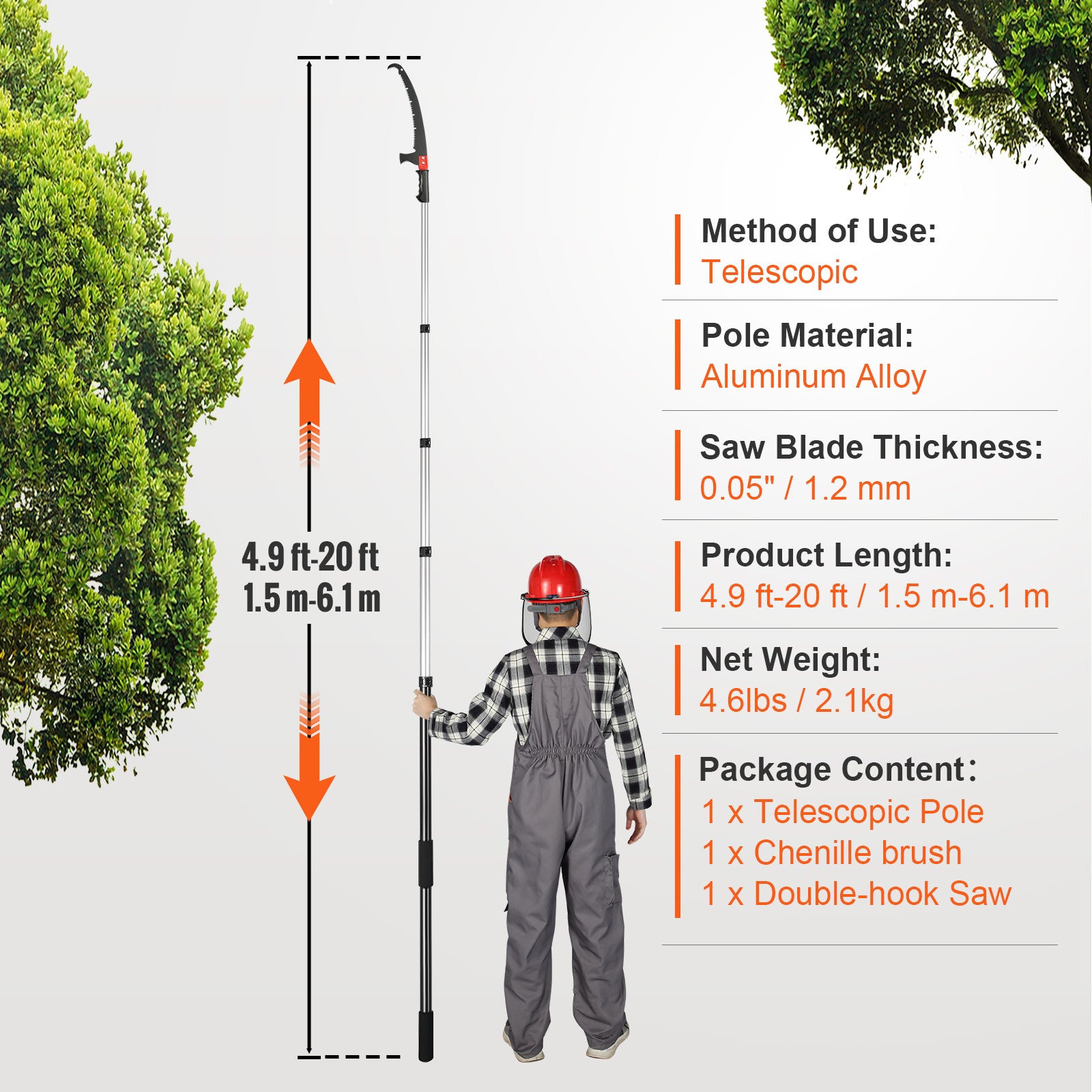 4.9–20 ft Manual Pole Saw – Ultra-Light 6.42 lbs with Chenille Brush & Aluminum Handle