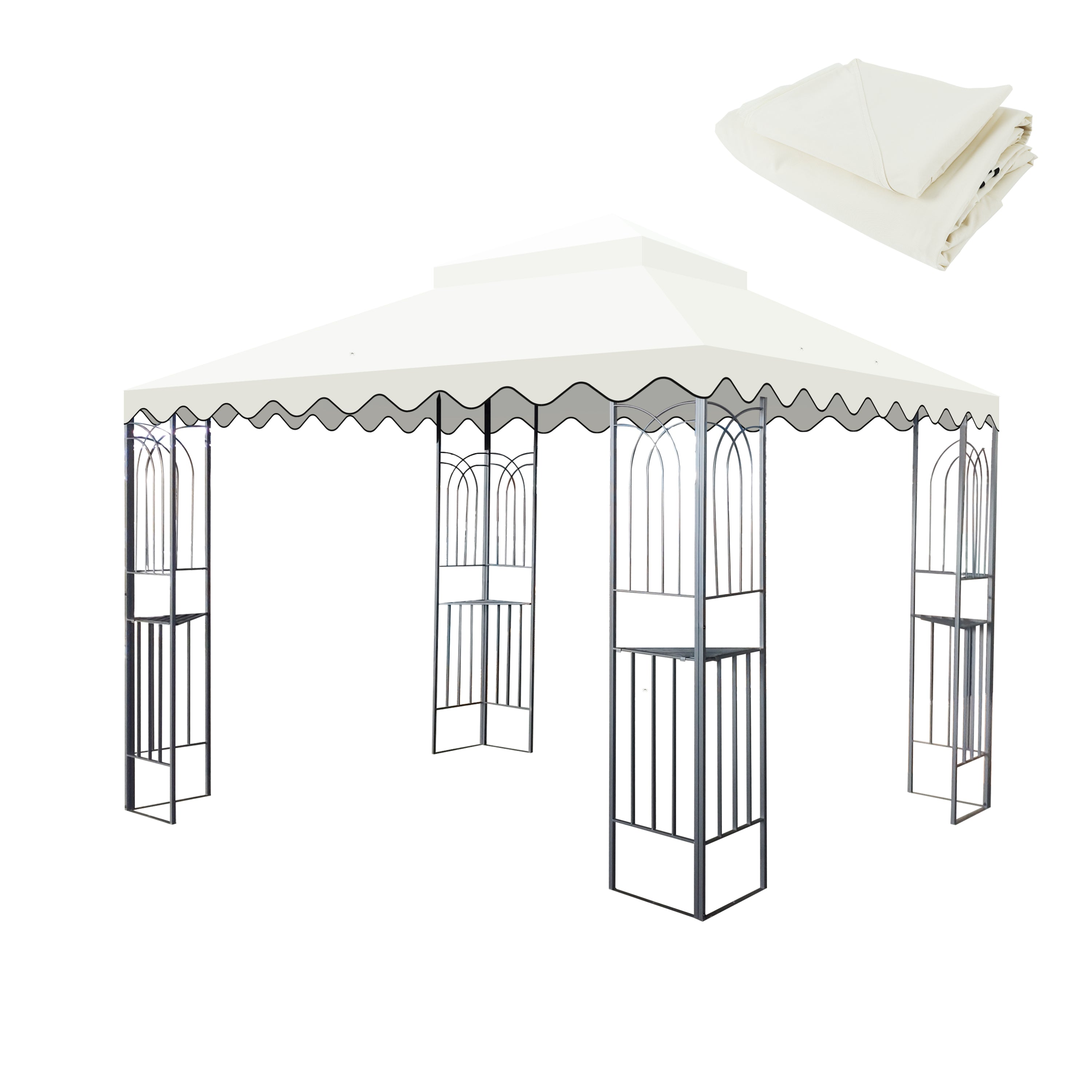 10x10 ft Double-Tiered Gazebo Replacement Canopy with Wavy Border, UV & Water Resistant – Beige