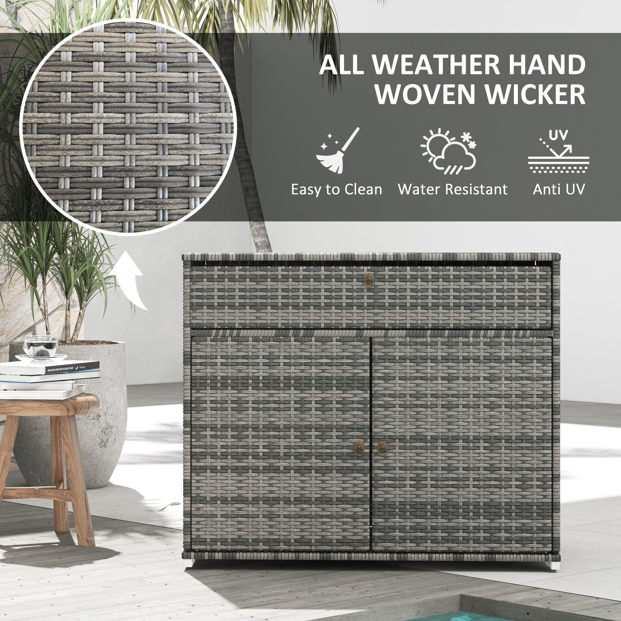 Outsunny Outdoor Towel Rack & Pool Toy Cabinet, Hot Tub Accessory Storage, Freestanding PE Rattan Wicker Cabinet with Drawer for Indoor, Outdoor Swimming Pool, Spa, Gray
