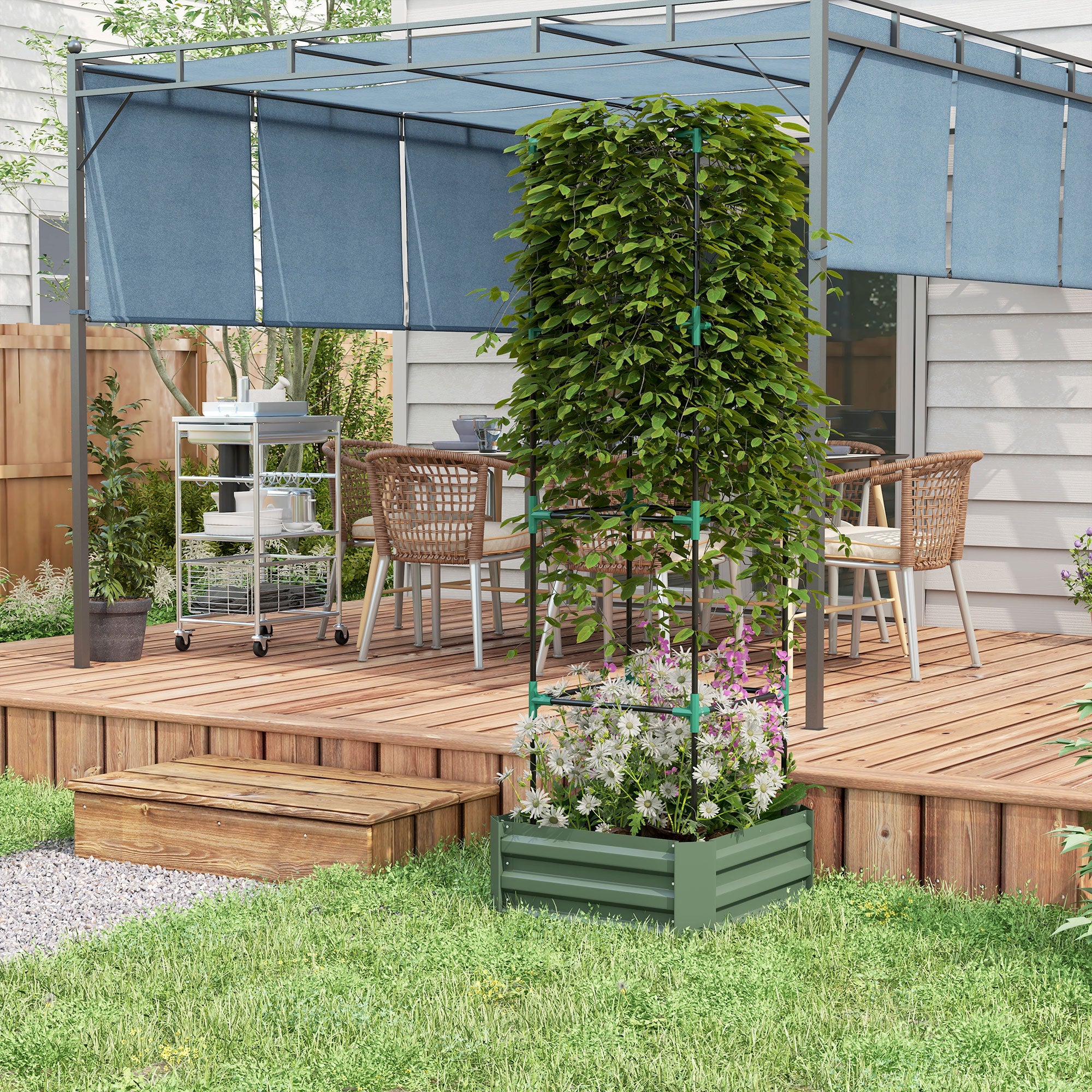 Outsunny Galvanized Raised Garden Bed, 24" x 24" x 11.75" Outdoor Planter Box with Trellis Tomato Cage and Open Bottom for Climbing Vines, Vegetables, Flowers in Backyard, Garden, Patio, Green
