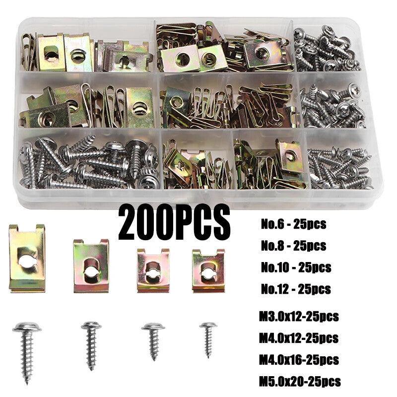 200‑Piece Clip Nut Snap Nut Assortment Set – Sheet Metal Screws &amp; Threaded U‑Nuts, M3 M4 M5