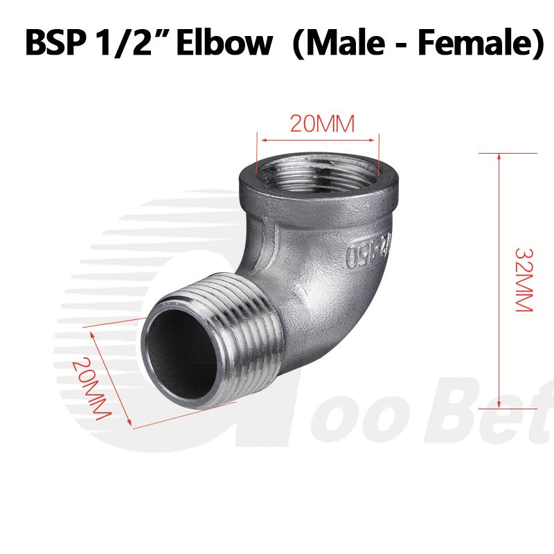 304 Stainless Steel 1/2" BSP Threaded Pipe Fittings — Nipple, Elbow, Tee, Socket & Cap